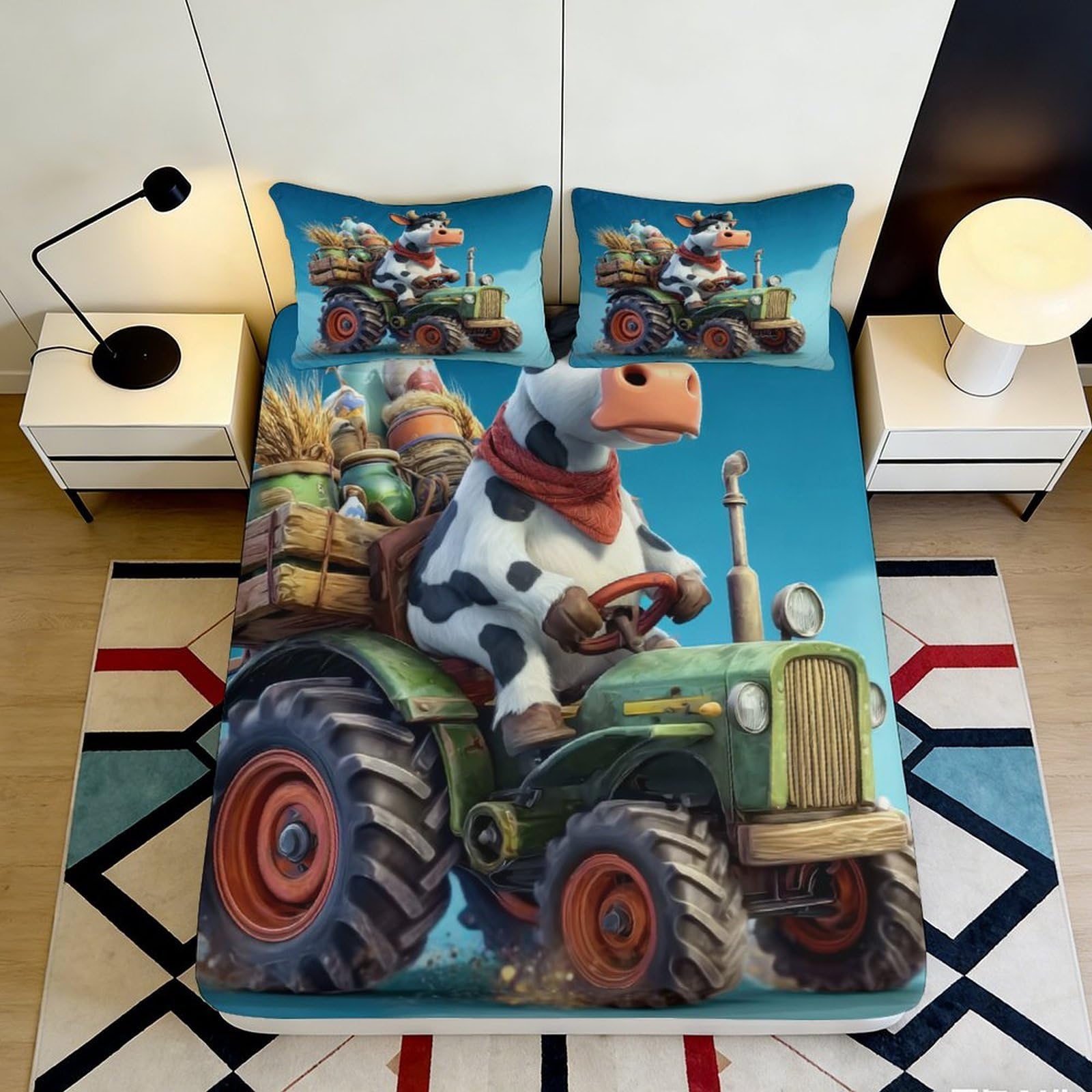3D Printed Farm Cow Cartoon Fitted Sheet Microfiber Non-Slip Deep Pocket Farm Mattress Fitted Cover Washable Bedding 140x200x25cm