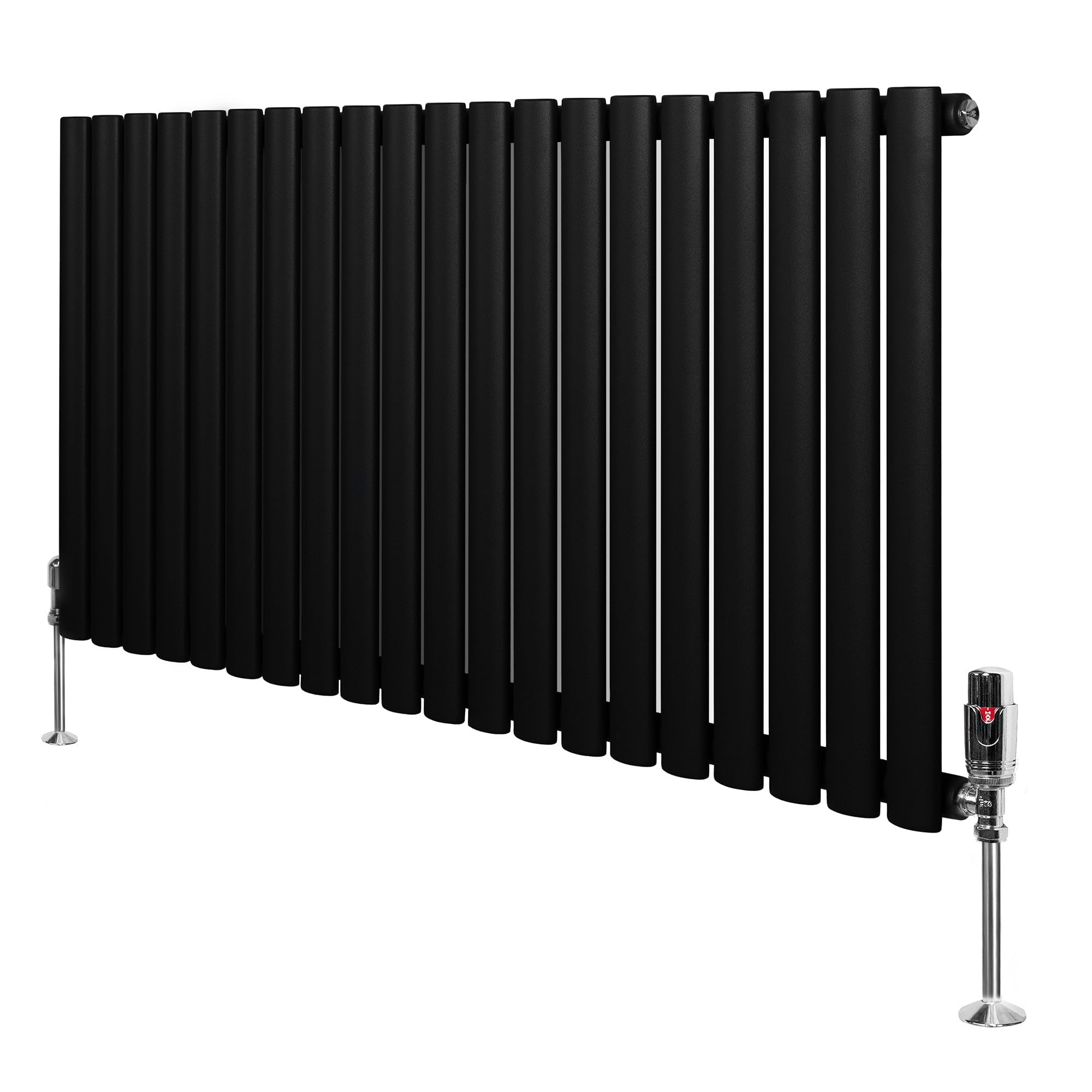 Oval Single Column Radiator 600mm x 1200mm & TRV Chrome Valves Modern Designer Single Panel Central Heating Heater Black Carbon Steel Horizontal Free Cleaning Brush Fixing Kit & Brackets