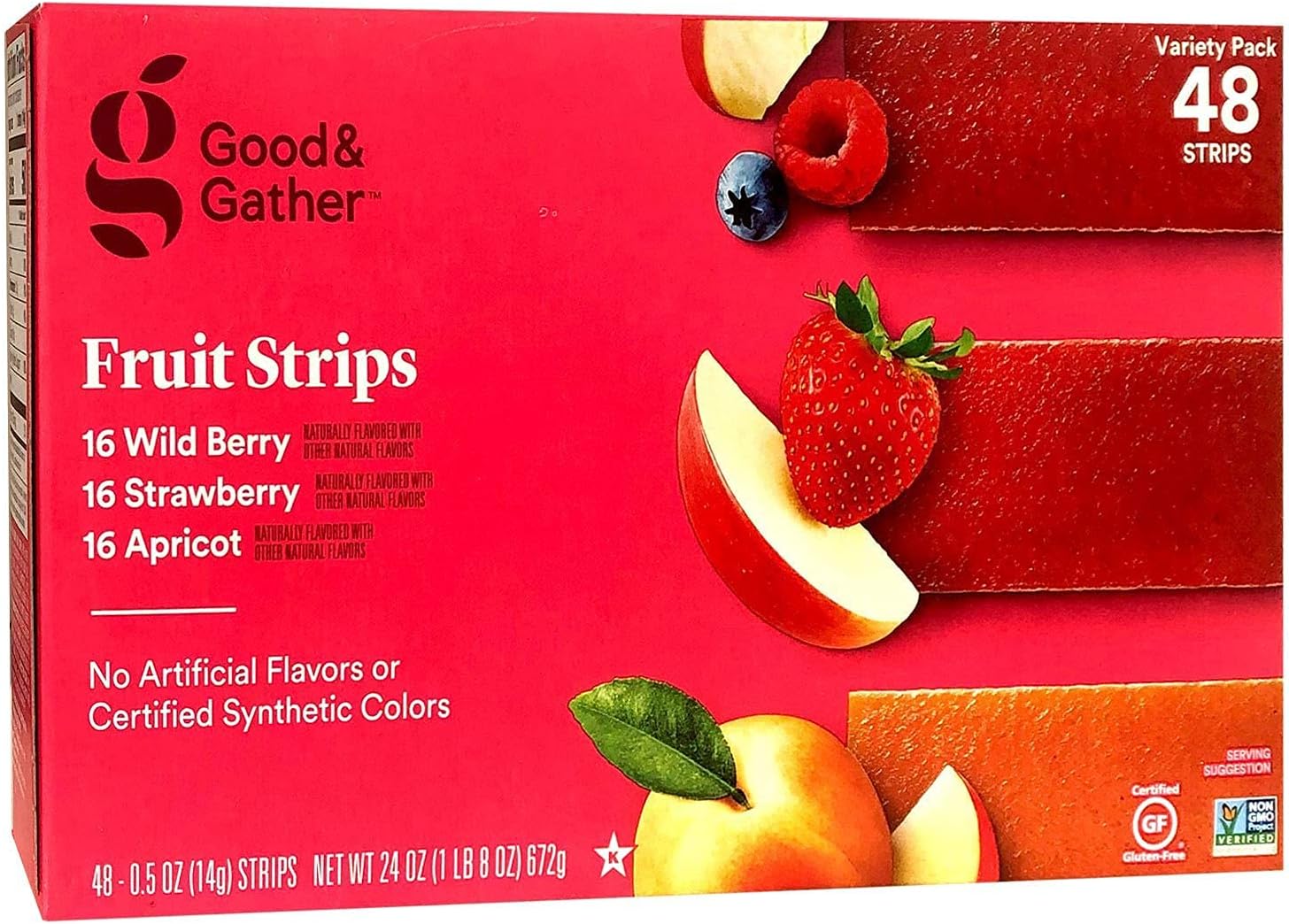 Fruit Strips Wild Berry Strawberry and Apricot Leathers Healthy Snack Made with Real Berry Puree Concentrate Good and Gather Variety Pack 48 Strips - 3 PACK