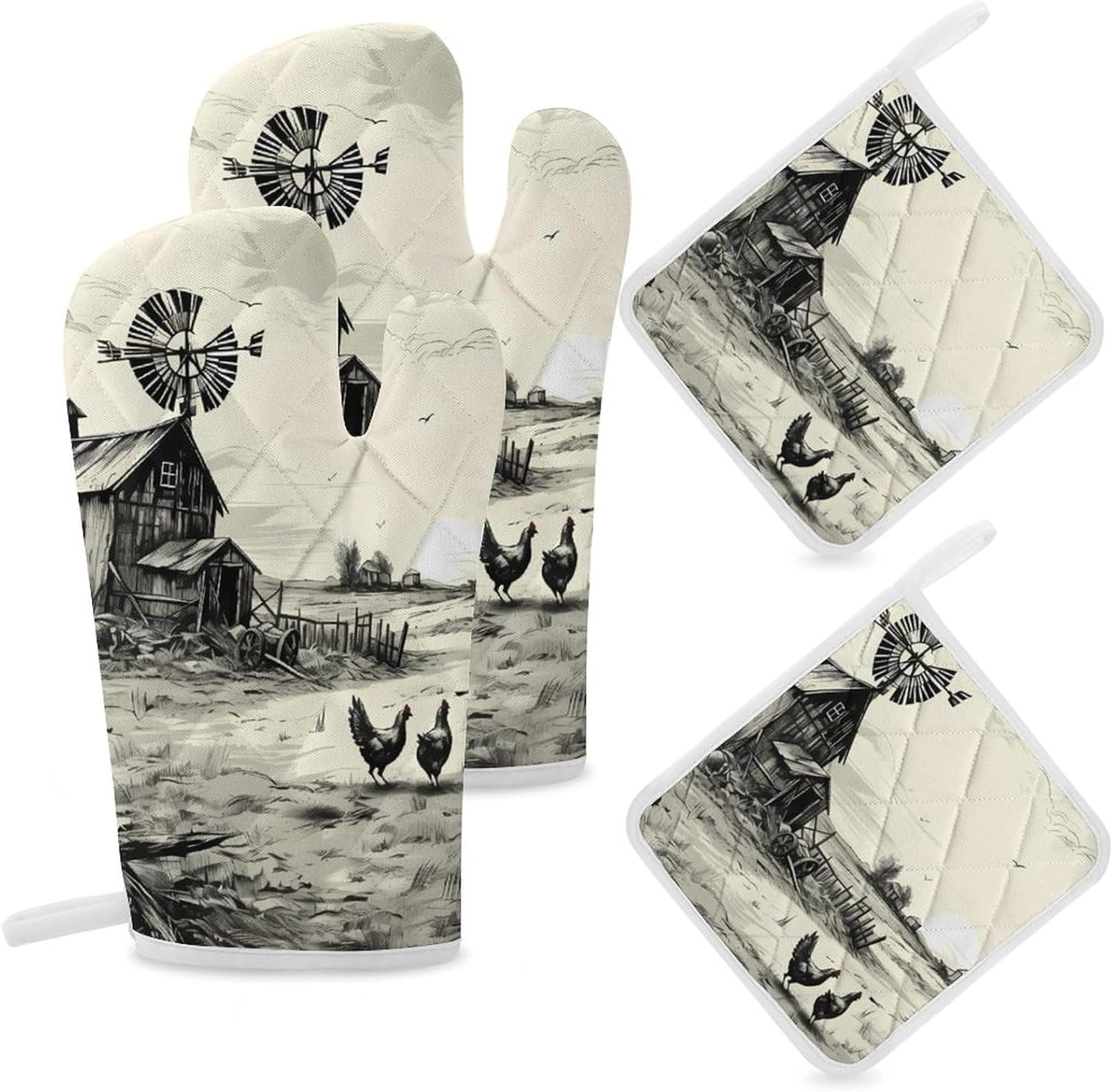Barn Farmhouse Chick Animals 4 Pcs Oven Mitts and Pot Holders Set High Heat Resistant Long Kitchen Oven Glove Potholders
