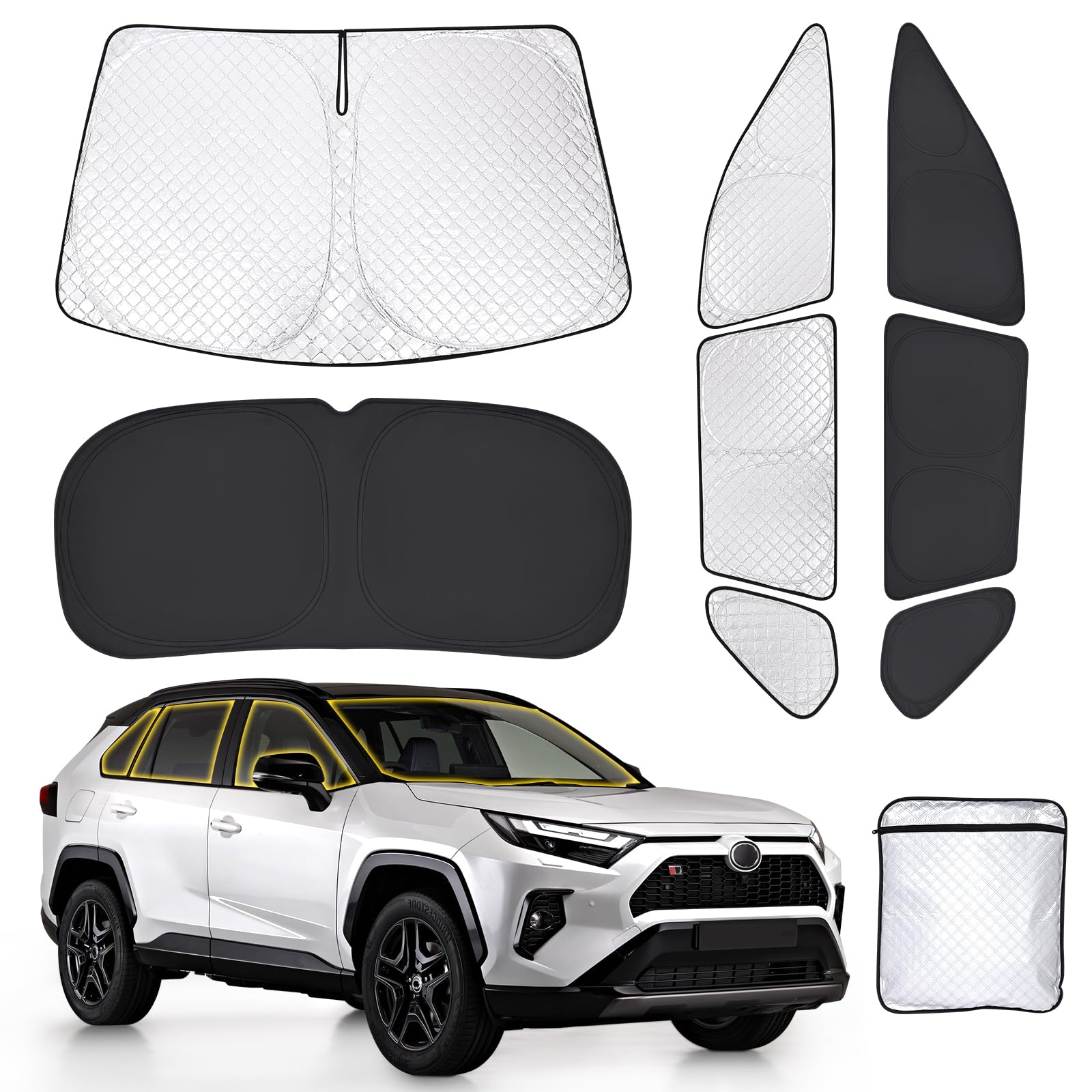 ZATOTOO Lot complet de pare-soleil de fenêtre de voiture pour Toyota RAV4 2019-2024 – Ensemble complet de housses de fenêtre triangulaires avant et arrière – Protection contre les UV et l'intimité