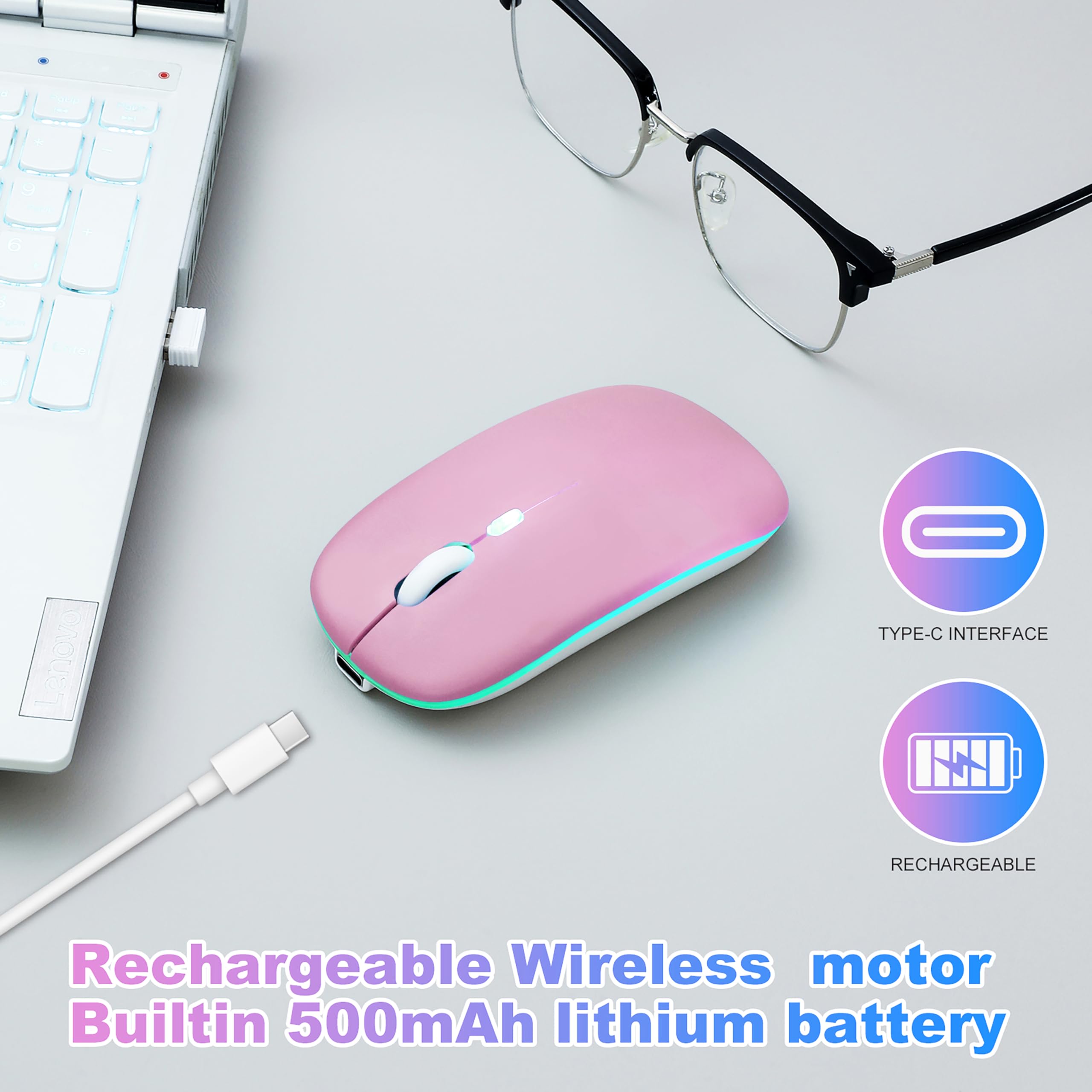 Wireless Bluetooth Mouse Rechargeable Long Lasting Dual Mode - BT 5.2 & 2.4G Silent RGB LED Mice, Slim Portable Ergonomic Mouse for Laptop/PC/Tablet/MacBook/iPad/Apple Devices(Pink) - 4