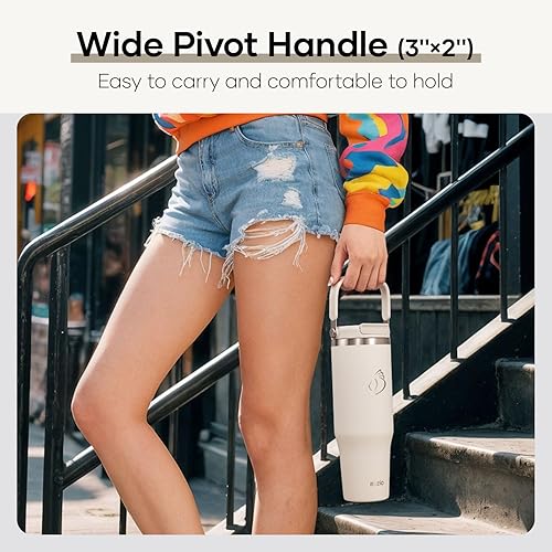 Miniatura 7 de BUZIO Vaso de 32 onzas con asa, vaso aislado con tapa 2 en 1 y pajilla, vaso de acero inoxidable aislado al vacío para café helado, botella de agua