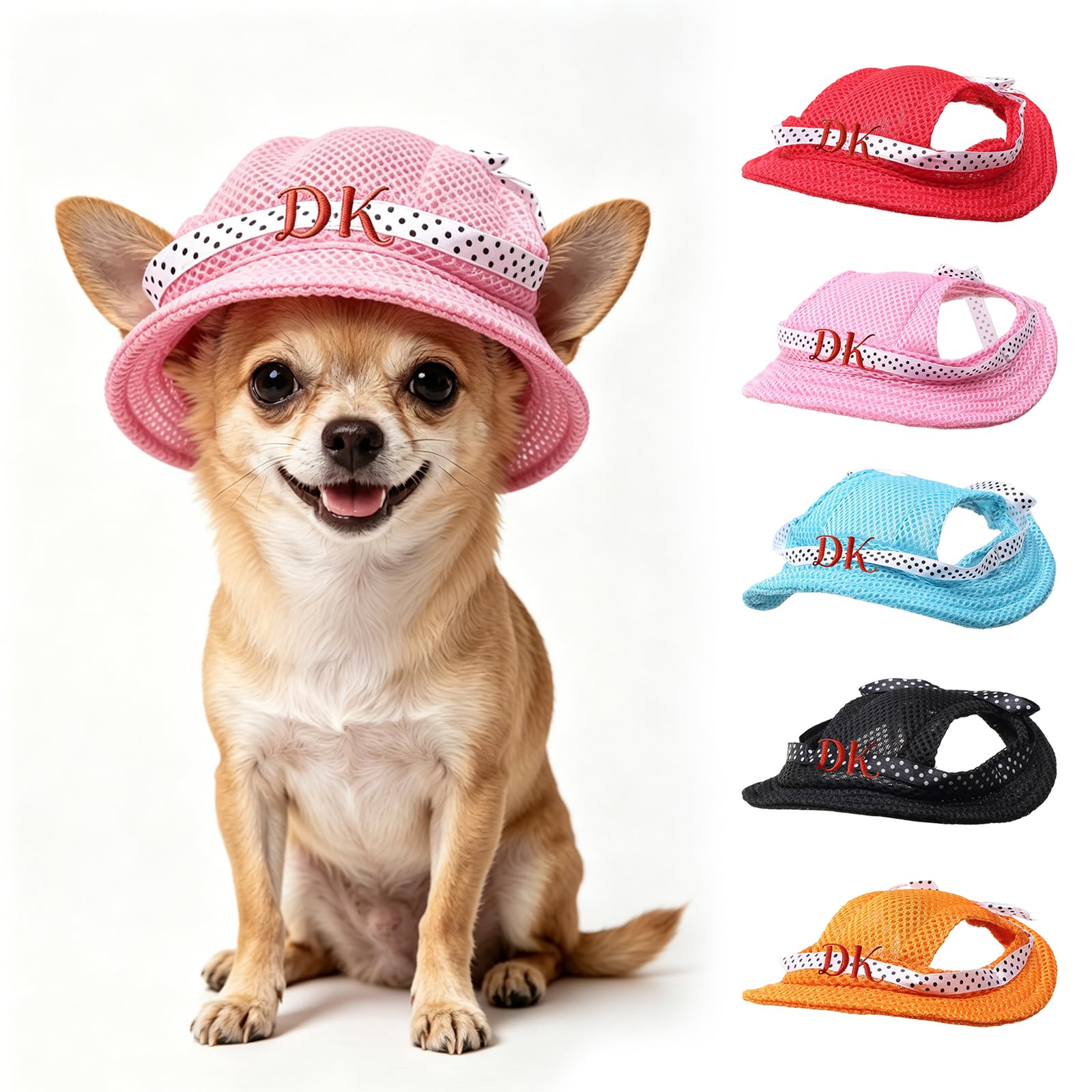 Personalised Dog Hat, Customed Breathable Mesh with Name Embroidery – Summer Pet Princess Hat, Polka Dot Ribbon for Small Medium Dogs – Gift, for Puppy Cat Lover Owner (Pink, M)