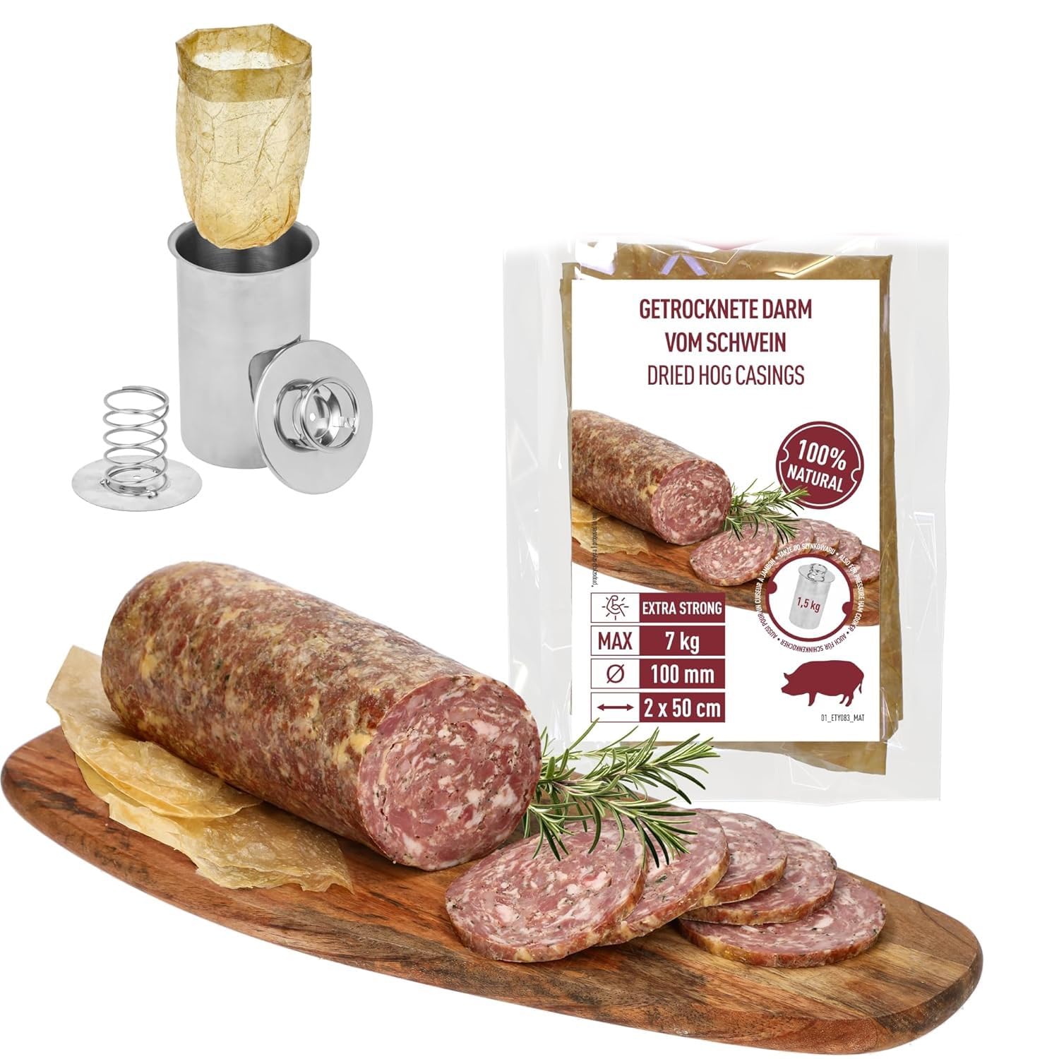 Schweinedarm Naturdarm für Wurst Premium für hausgemachte Würstchen für Bratwurst, Roster, Bockwurst, Frischbrater, Knacker, BBQ-Wurst Bratwurstdarm (Getrocknete 100 mm, 50 cm - 2 Stk.)