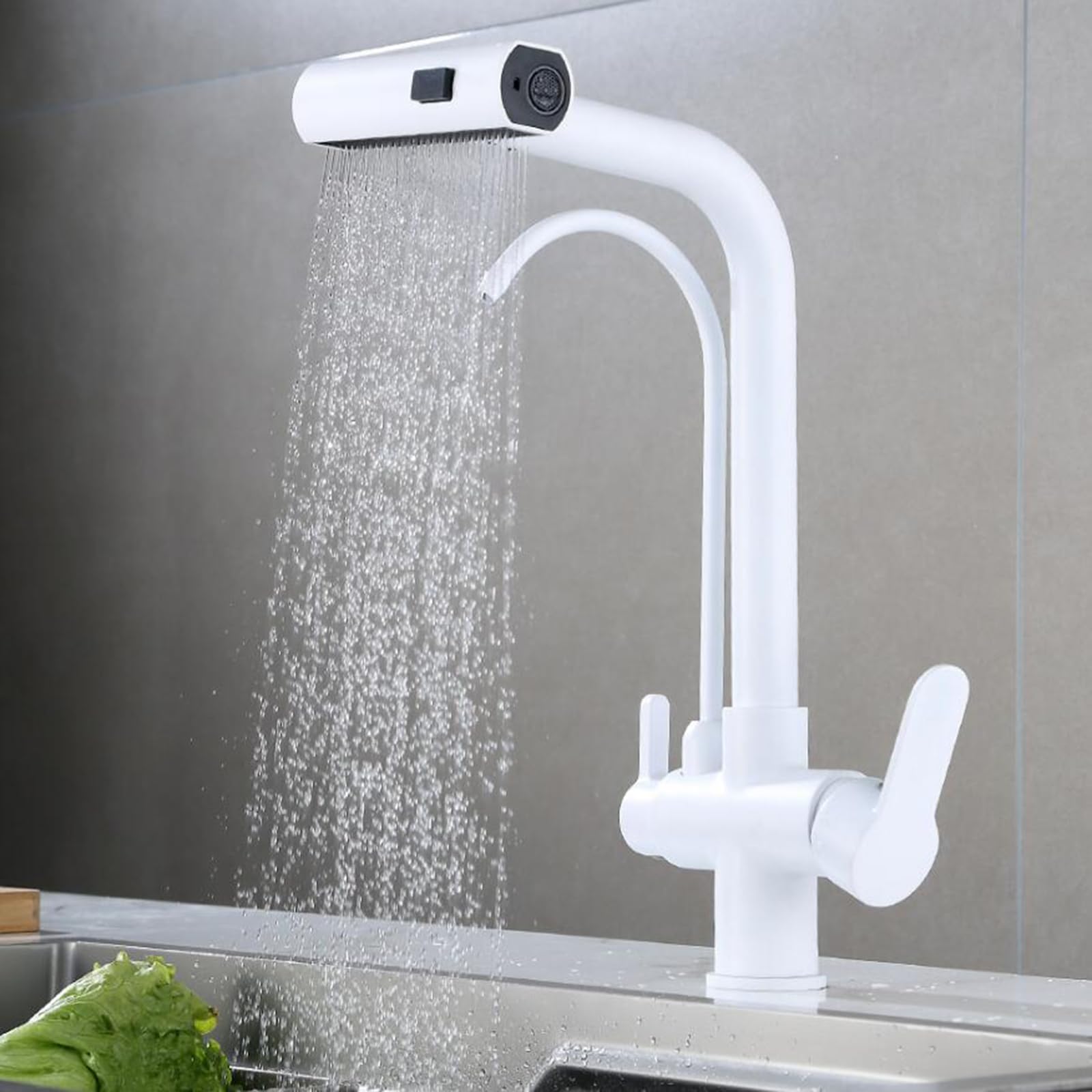 ZYCHSJXA 3 Way Pull Out Kitchen Tap White Brass Purified Water Sink Taps Double Handle-White