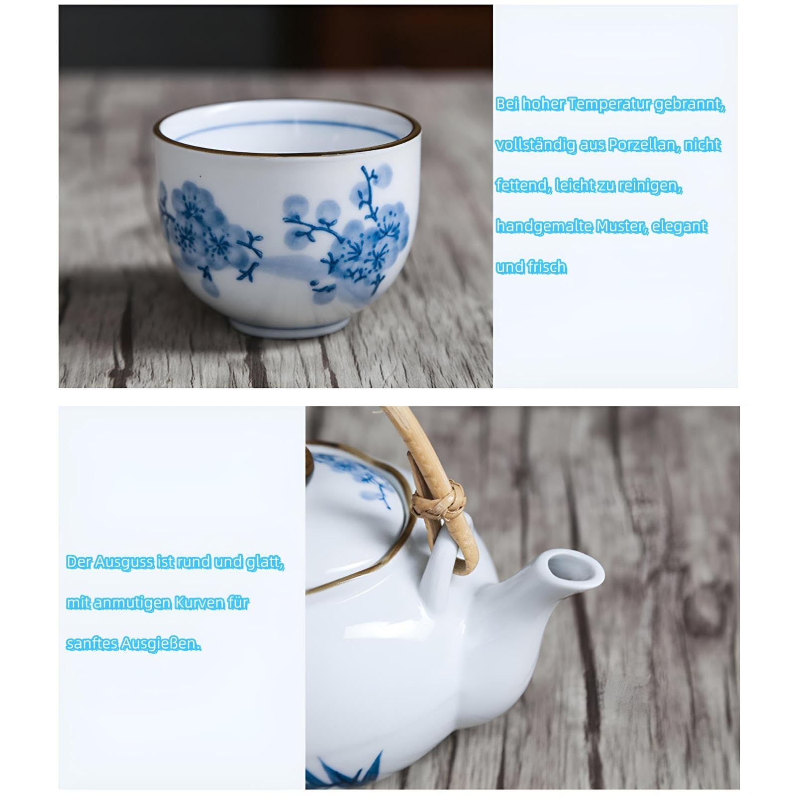 Japanisches Weißem Porzellan-Teeservice Mit Blauem Blumen-Design Teekanne Mit Rattan-Griff Teekannen Set Mit Tasse Teekanne Und 4 Teetassen Japanisches Blau und Weiß Porzellan Tee Set