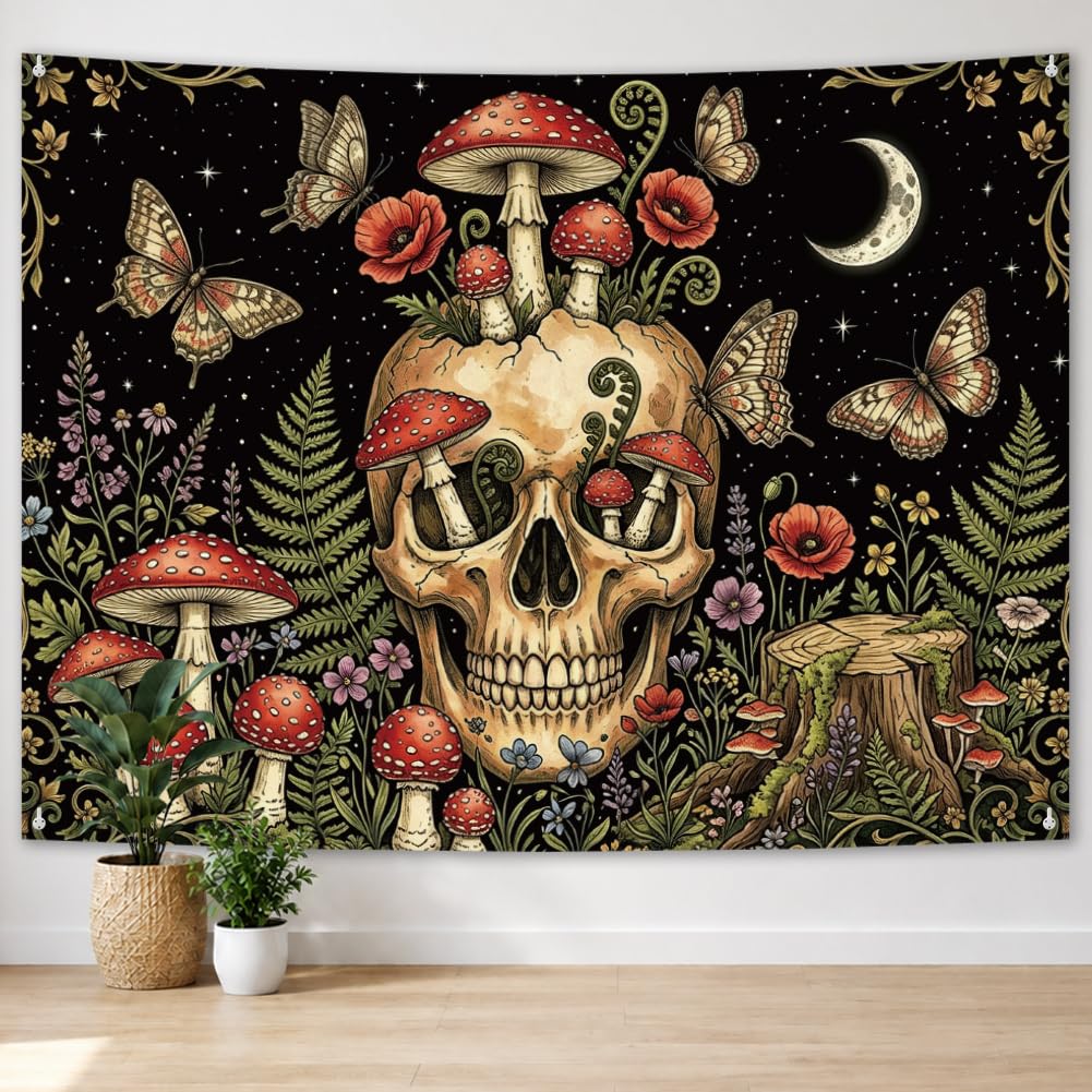 arricraft 1pc Halloween Gothic Backdrop Tapestry, Skull Butterflies Patterns Photography Background Decorative Tapestry and Wall Hanging Art for Bedroom Living Room Party Porch Home Decor 35x47 Inches