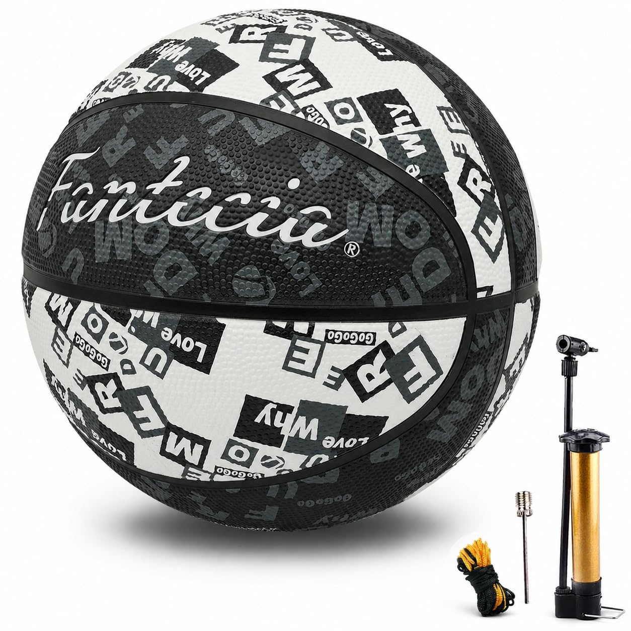 Pallone da basket con pompetta in graffiti bianco e nero, misura 5, perfetto per lo street style