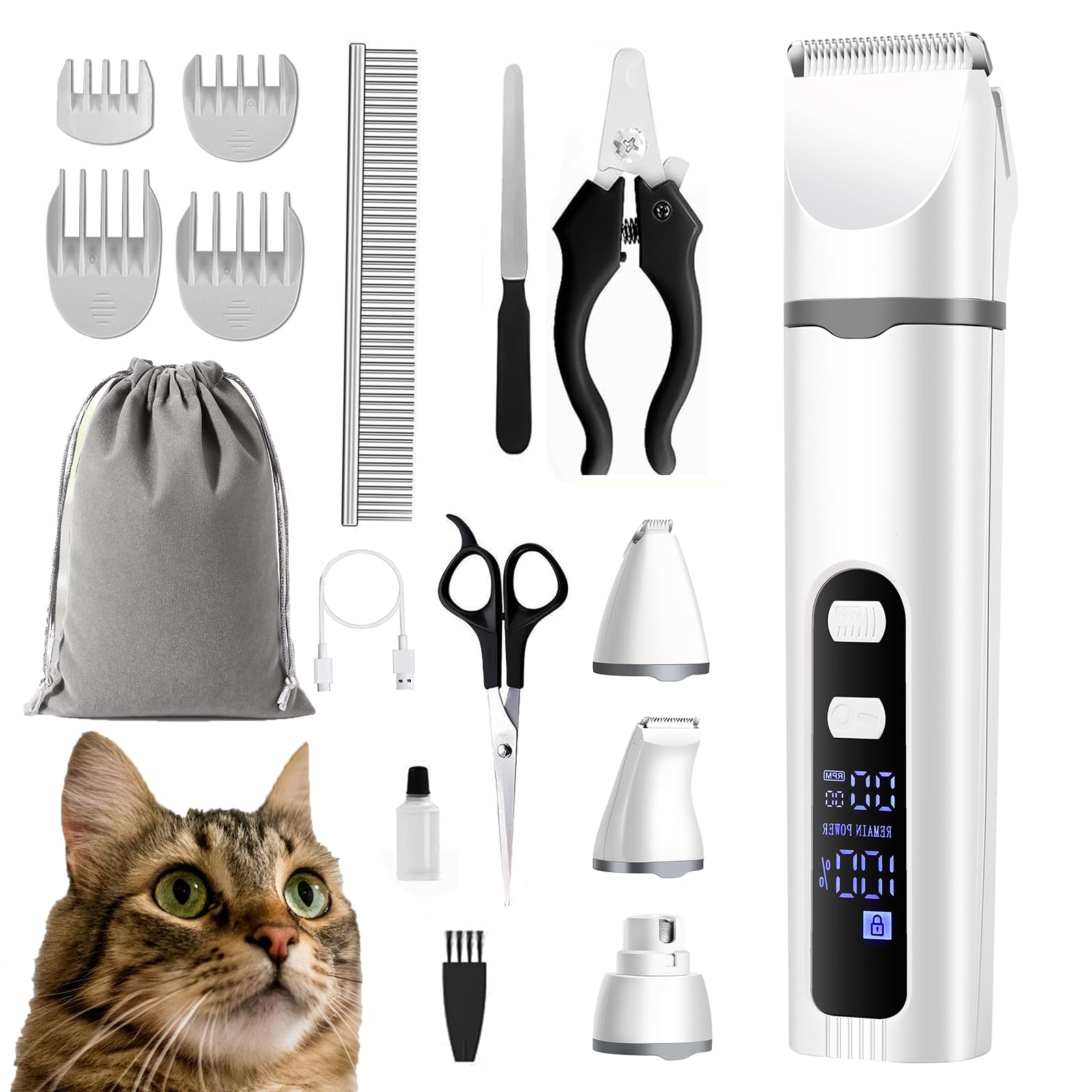 BreeyPaws 4 in 1 Cat Clippers Paw Trimmer Grooming Kit,Cat Shaver for matted Fur Claw Silent,Pet Shaver Trimmer for Cats Dogs Paws with Child Lock Battery Display — image 1