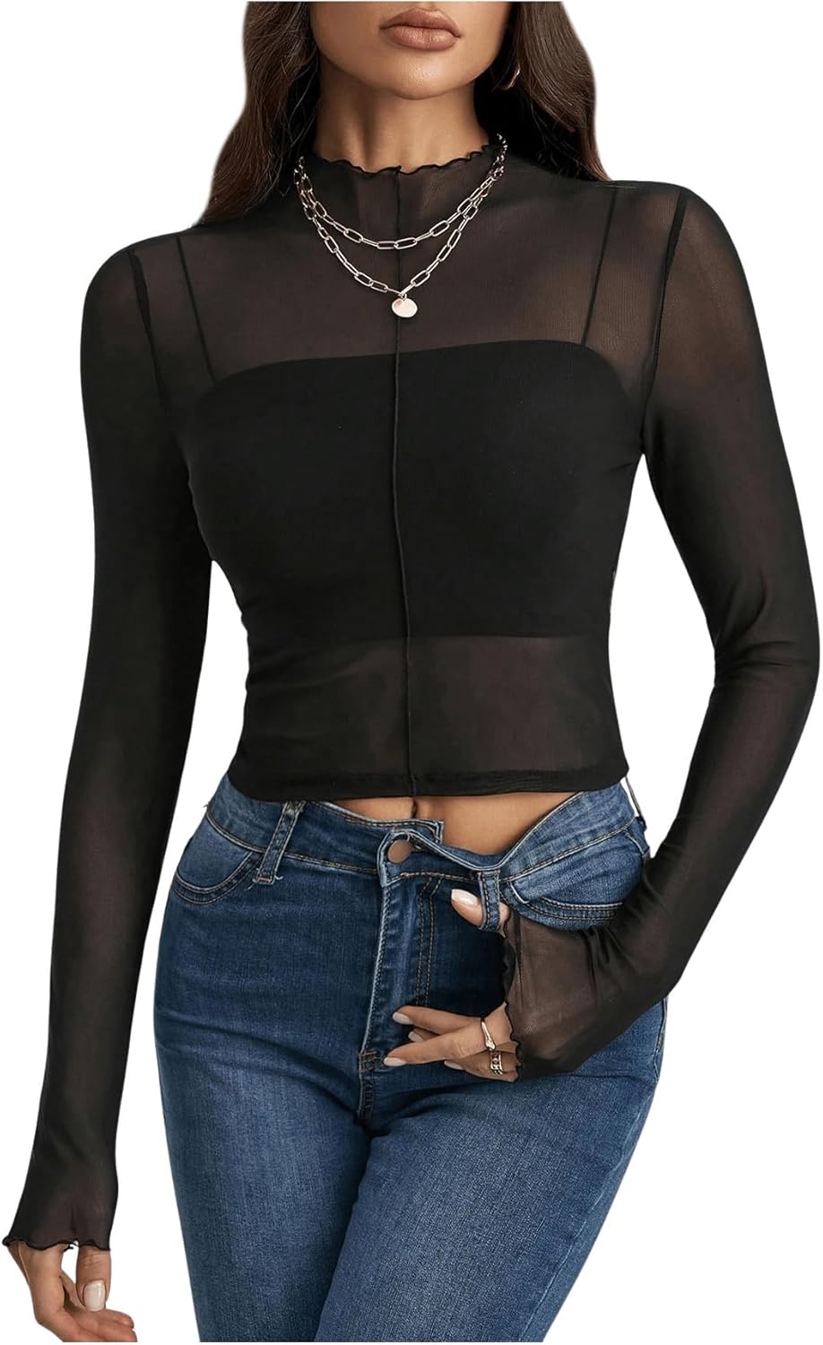 WDIRARA Women's Mock Neck Mesh Sheer Tops Lettuce Trim Long Sleeve See Through Tee Shirts Night Out Crop Tops