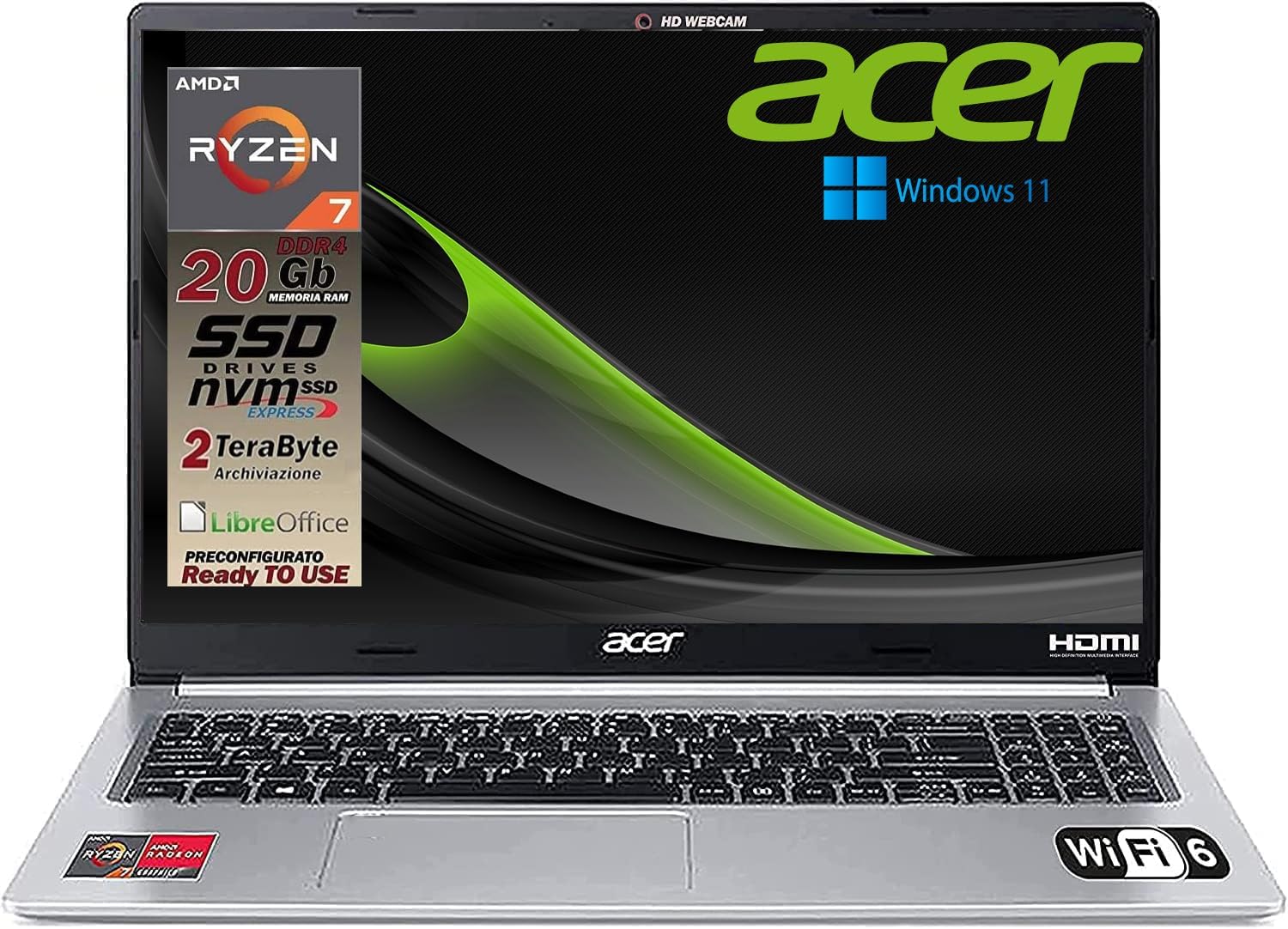 Acer Notebook portatile, Cpu Ryzen 7 5700U 8 Core, RAM 20Gb, SSDHD 2TB, Display 15,6 FullHD, cover in alluminio, tastiera retroilluminata, 4 usb, wi-fi 6, hdmi, lan, Win11 pro, pronto alluso