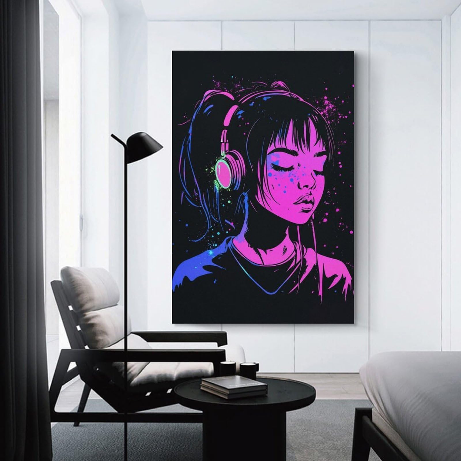 Junmoney Unframe-Style-4 Canvas Wall Decor Neon Headphones Fashion Art Print, 20X30inch(50X75cm), For Flats, Guest Rooms Or Compact Rooms, Wall Decor With Flexible Room Appeal