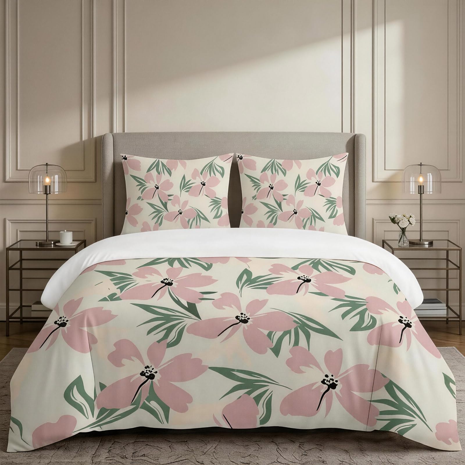 Housse de couette 160x200 cm parure de lit motif floral taies oreiller 65x65