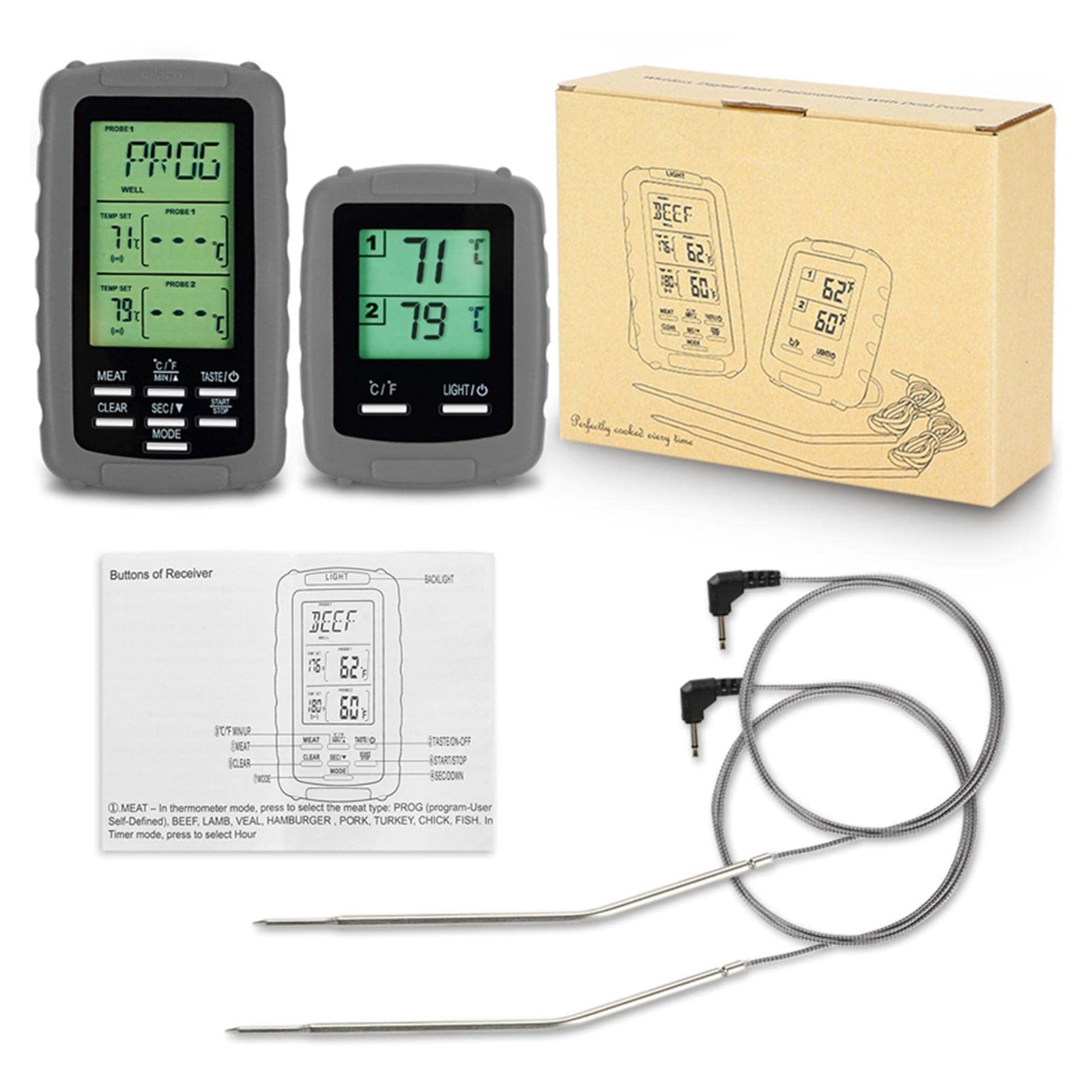 BBQ Thermometer mit Drahtloser Fernbedienung Und Edelstahl Sensoren Zur Überwachung von Grill Und Fleisch Wasserfest Alarm bei Überhitzung Fü, Grau