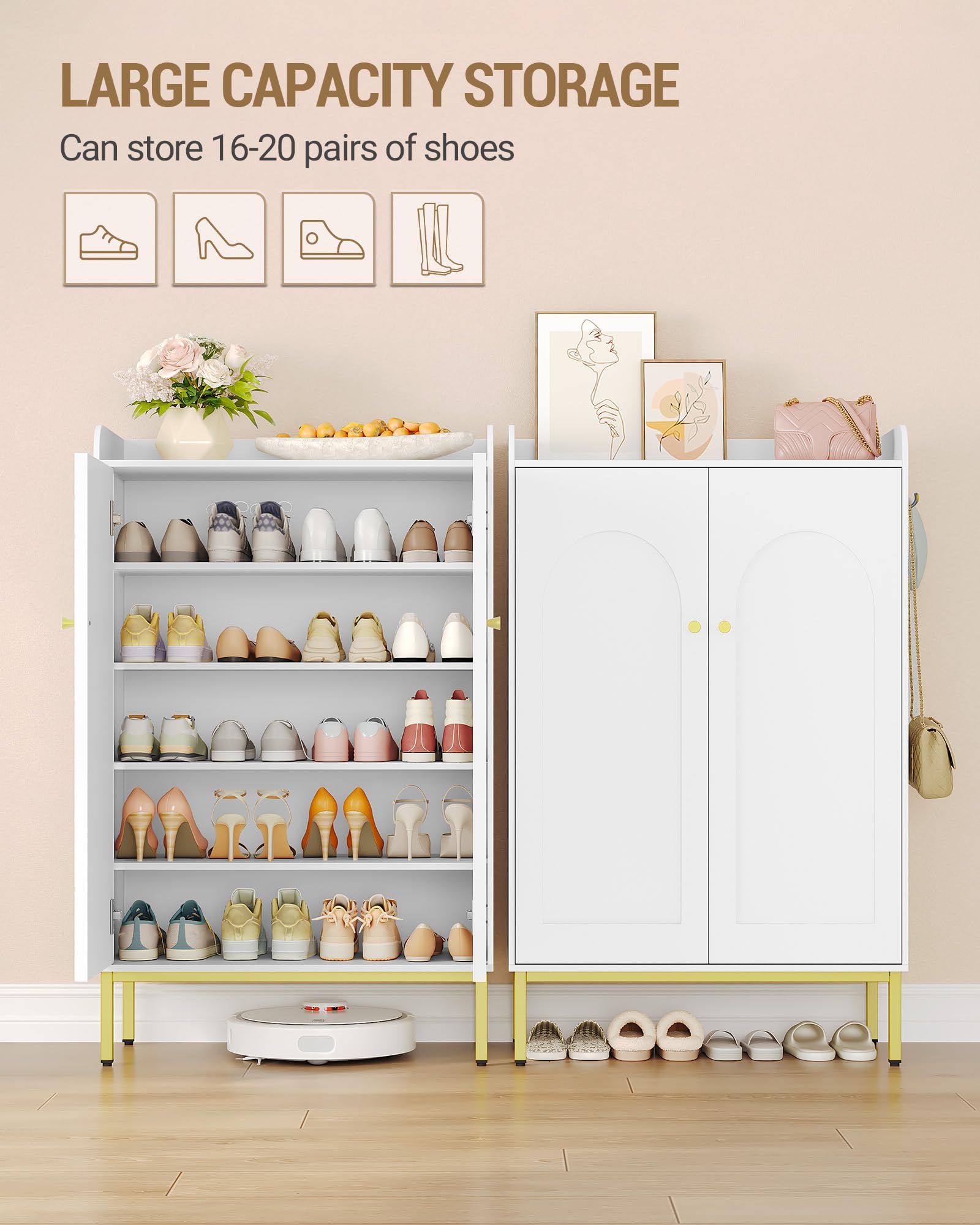 Hzuaneri Meuble à Chaussures 5 Niveaux, 16-20 Paires, Blanc | Armoire à Chaussures, Séparateur Réglable, Poignée Dorée, Grande Capacité pour Entrée, Couloir, 36 × 74 × 115 cm, SR67803A