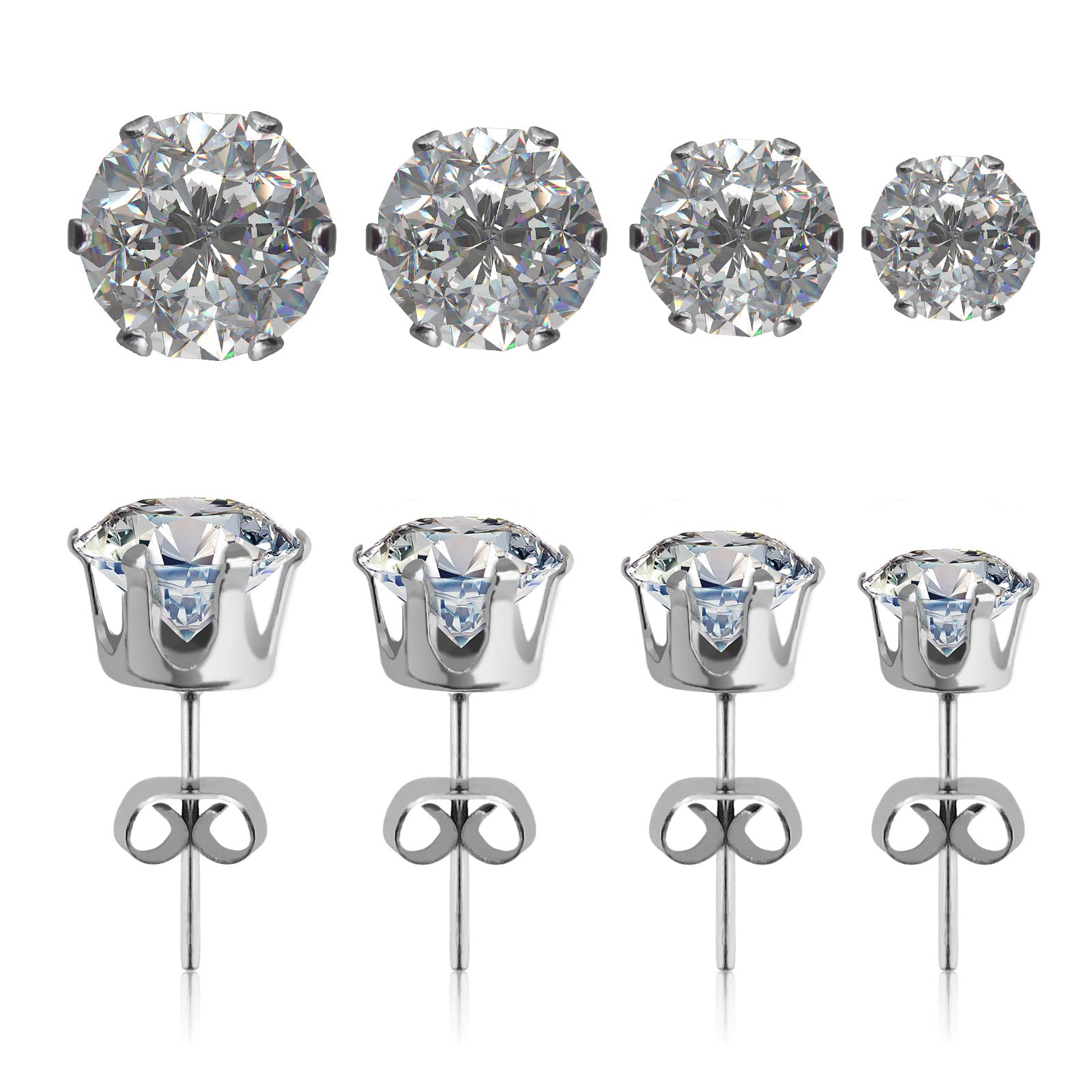 FuninCrea4 Pairs Diamond Stud Earrings, 925 Sterling Silver Earrings Small Cartilage Stud Earrings Set for Women Men Leisure Wild Round Zirconia Stud Earrings Unisex Jewellery Set