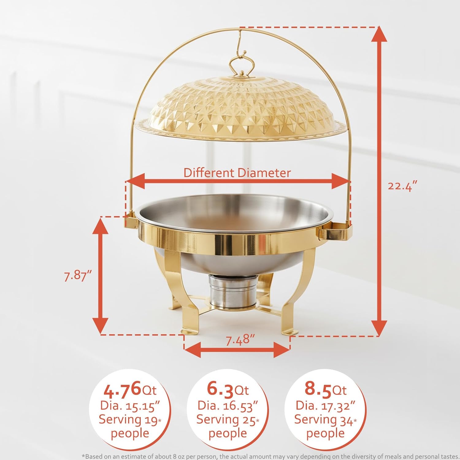 Gold Round Chafing Dishes 4 Sets for Buffet, 6.3Qt Stainless Steel Buffet Servers with Hanging Lids, Chafers & Buffet Warmers Set for Parties, Catering and Events