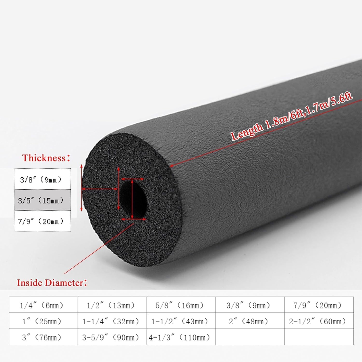 Flexible Foam Hose Air Conditioner Heat Insulation Pipe ID 1/4" 1/2" 5/8" 3/4" 1" 1-1/4" 1-2/3" 2" 2-1/2" 3" 3-1/2" 4-1/3" Copper Pipe Insulation Foam Wrap Flexible Insulation Lagging Wrap