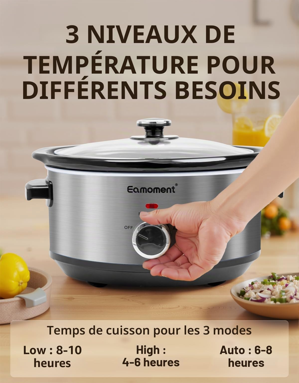 ESC-35A-OSSL 3,5L|200 W Slow Cooker avec 3 niveaux de chauffage et indicateur de puissance, passe au lave-vaisselle et avec poignées de transport, argenté