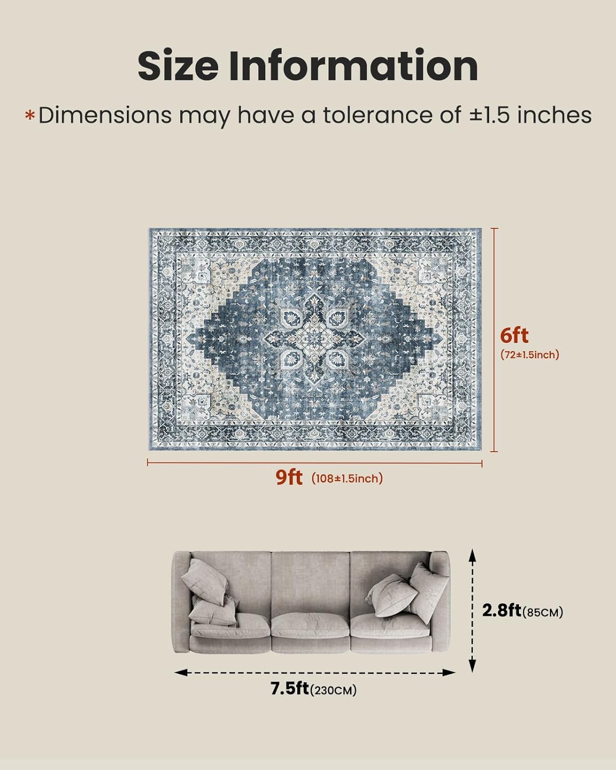 AMADA HOMEFURNISHING 6x9 Area Rugs, Blue Low-Profile Washable Rug with Non-Slip Backing & Durable Edge Binding, Vintage Rugs for Living Room, Bedroom, Dinning Room