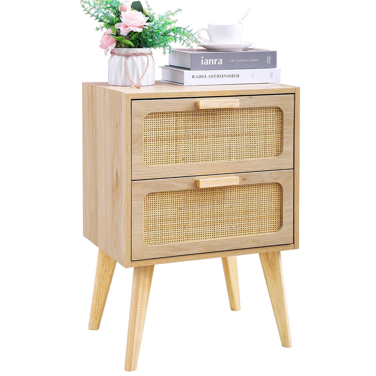 Rattan Nightstand, Wood End Table, Side Table with 2 Hand Made Rattan Decorated Drawers,Boho Bedsidetable,Wood Accent Table with Storage for Livingroom, Bedroom |-image-10