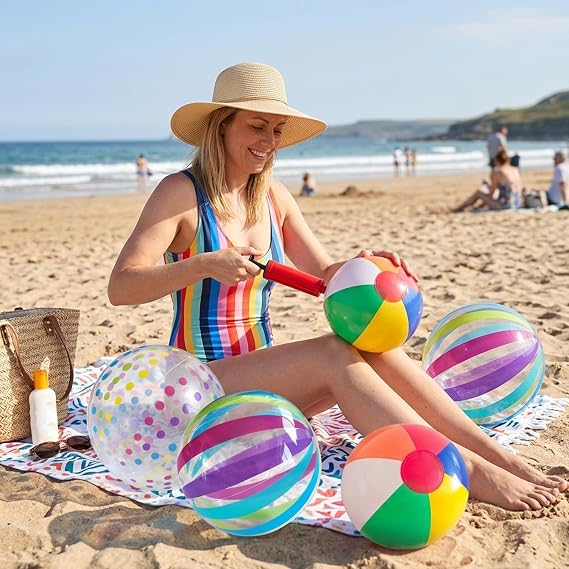 4 PCS Inflatable Ball, Two 40 Cm Colourful Balls and Two 30 Cm Multicolour Balls, Beach Balls Inflatable, Beach Ball, Beach Ball Set with Hand Pump, For Pool Games and Outdoor Activities