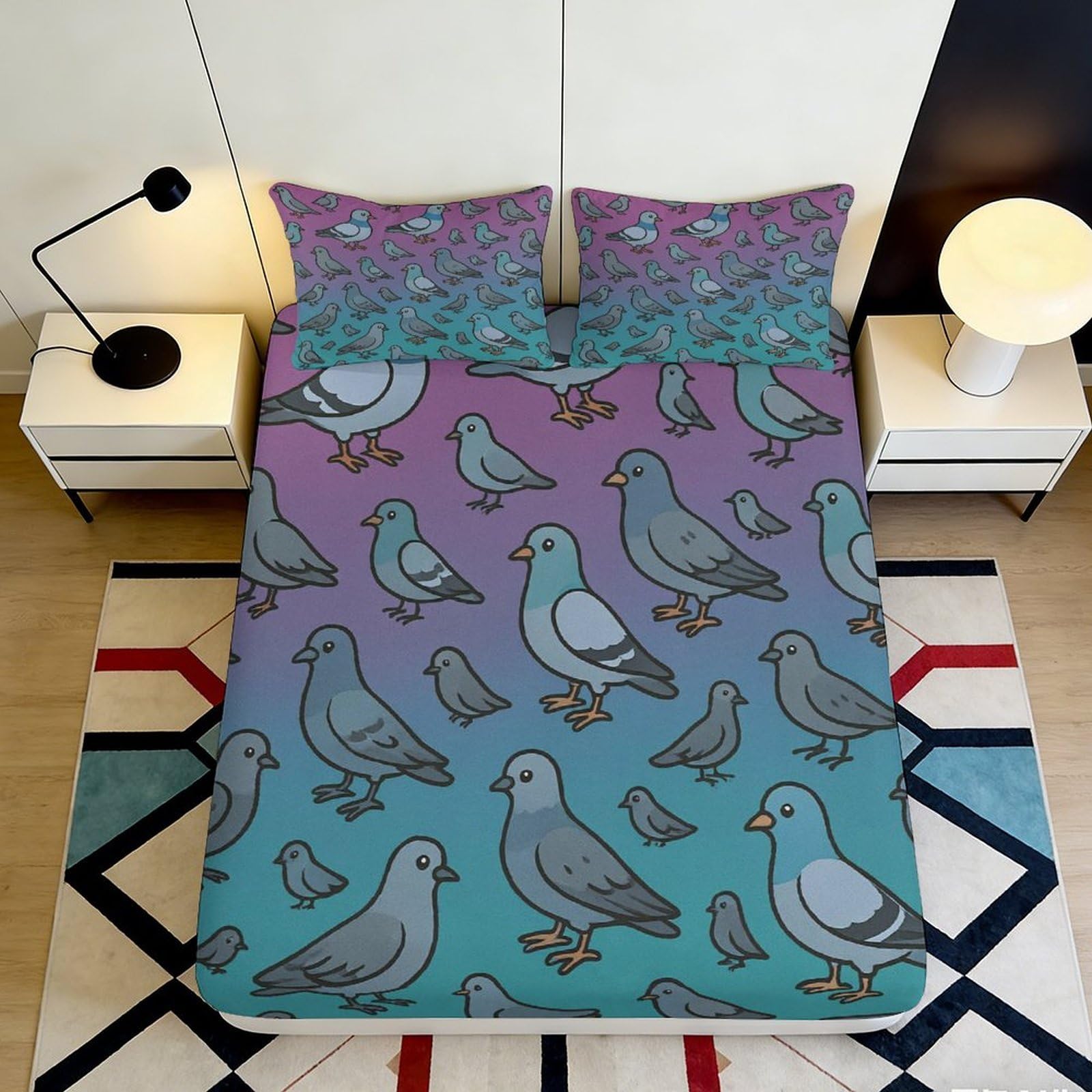 Pnayamiorkfel Style-8 3D Printed Cartoon Pigeon Fitted Sheet Microfiber Soft Gradient Bird Mattress Cover For Bedroom Dorm Guest Room Decor 90X200x25cm