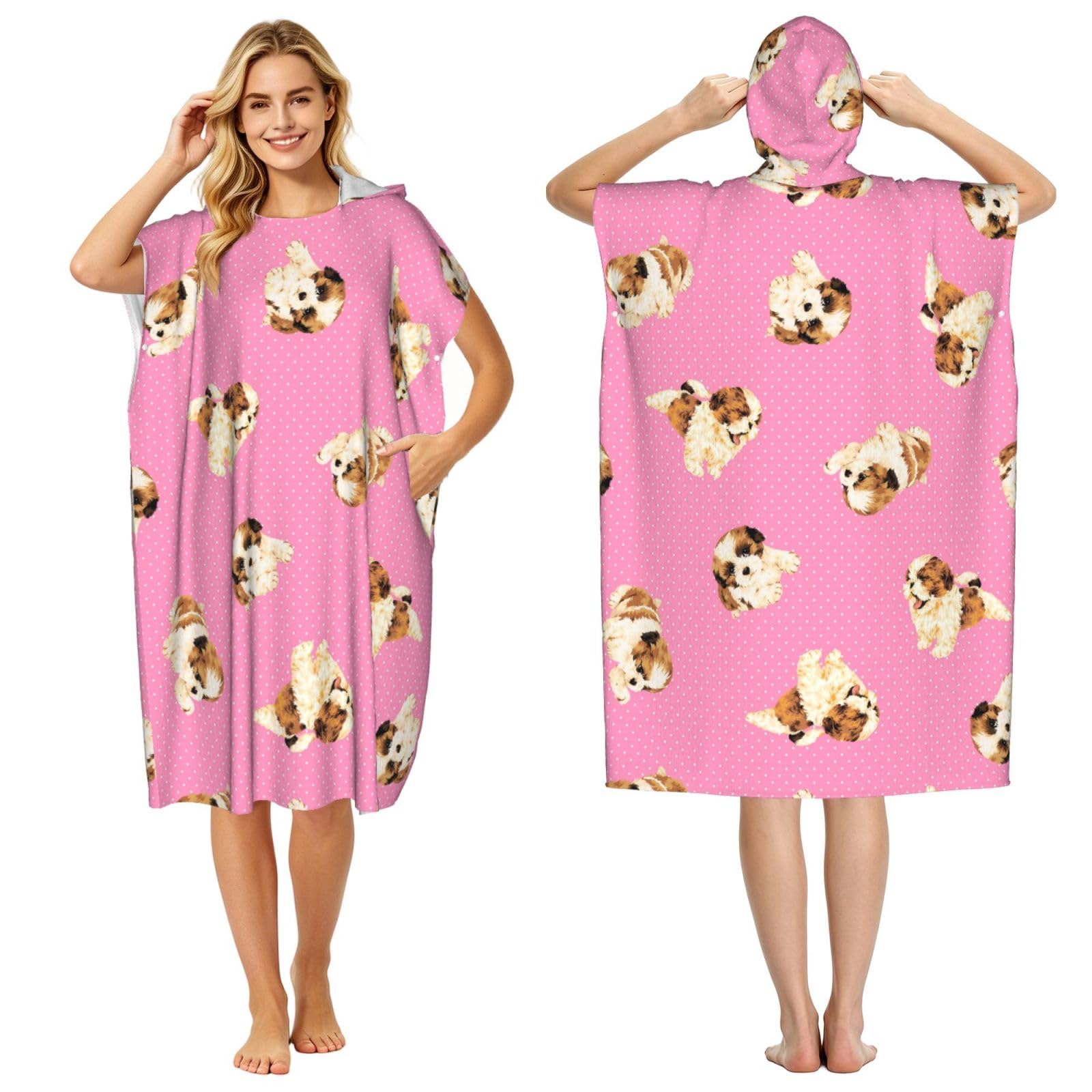 Poadnly Shih Tzu Pink Polka Dot, Adult Hooded Beach Towel 90 x 110 cm,Changing Bath Robe, Surf Poncho Towel For Women Men