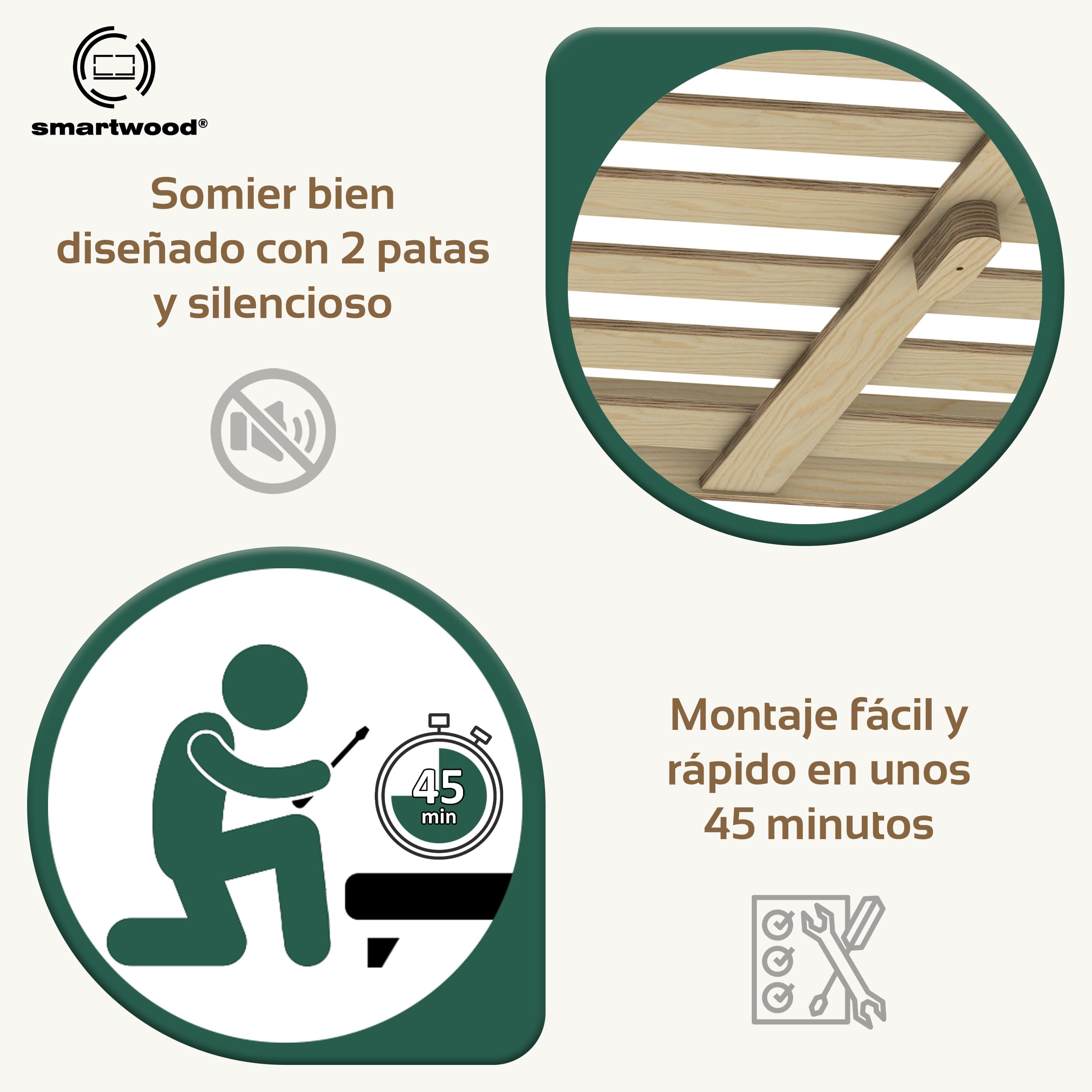 smartwood Cama 160x190 cm con Somier, de Madera, Madera, TILA 7 | Cama matrimonio, contrachapado de pino FSC, carga 300 kg, montaje fácil, bordes redondeados, estilo escandinavo