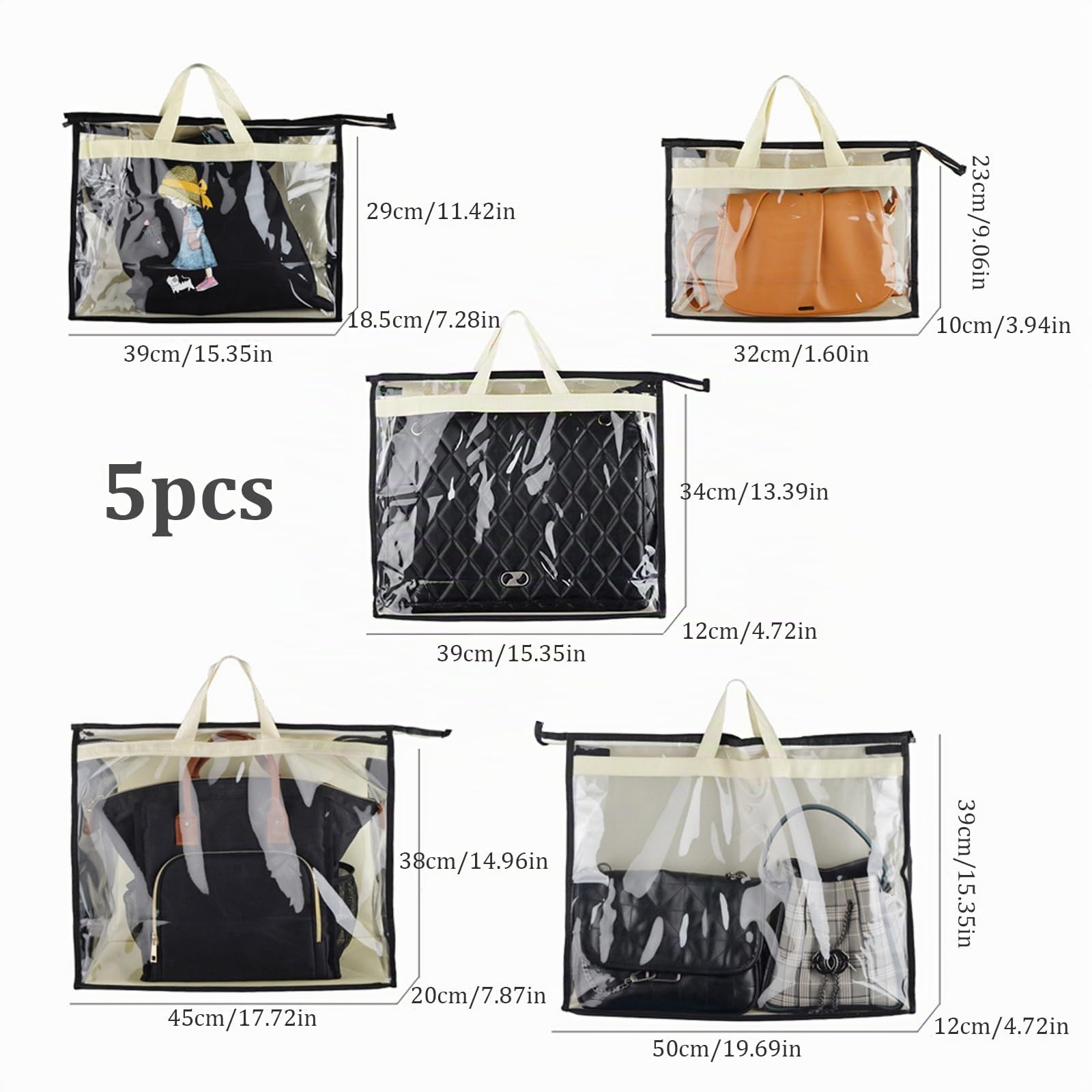 Rangement de Sac à Main, Sac de Rangement pour Organisateur de Sac à Main Sac de Rangement Transparent Anti-Poussière pour Sac à Main pour Placard Suspendu avec Fermeture à Glissière(Paquet de 5)
