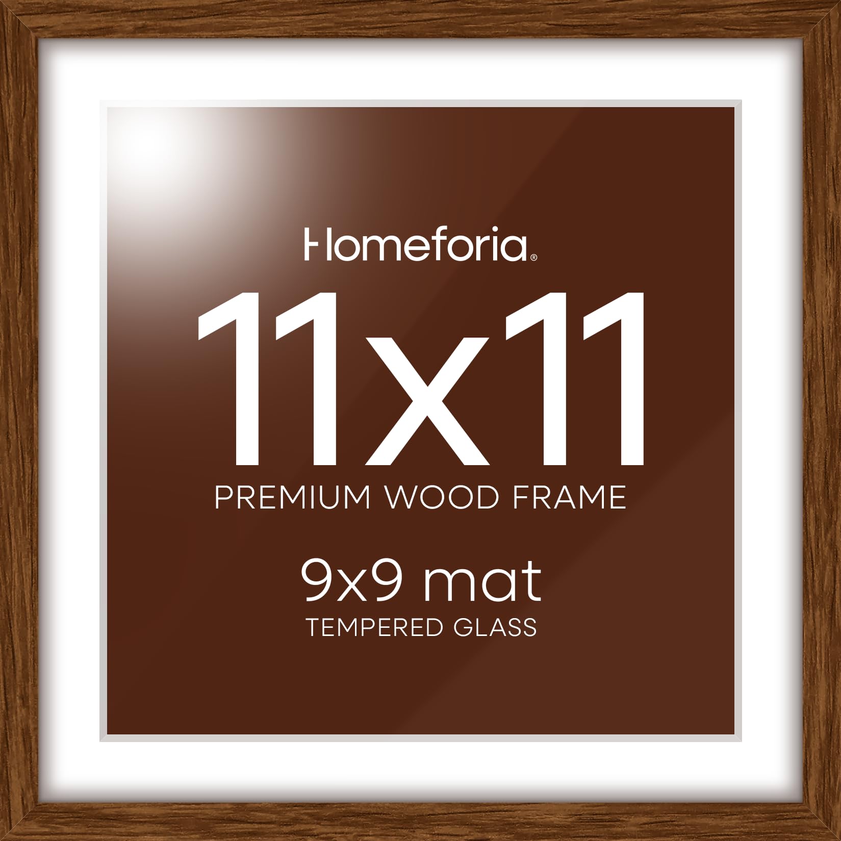 Homeforia 11x11 Brown Oak Picture Frame, High-End Wood, 9x9 Mat, Glass