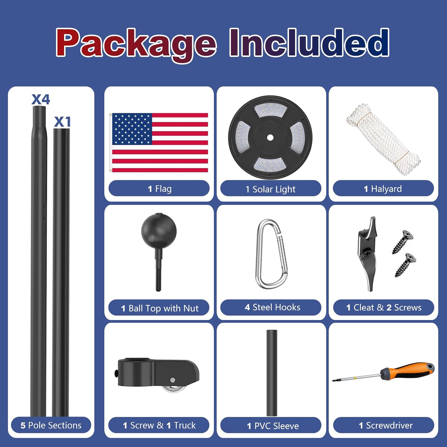 Heavy Duty Flag Pole Kit with Solar Light, 20FT 12 Gauge Hardware Flagpole for Outside House in Ground, 3x5 USA Flag for Residential Commercial Outdoor, Extra Thick Flag Poles, Black