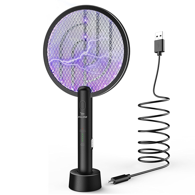 PALONE 2合1电击苍蝇拍，4000V虫杀器，带三层安全网，室内多功能充电底座
