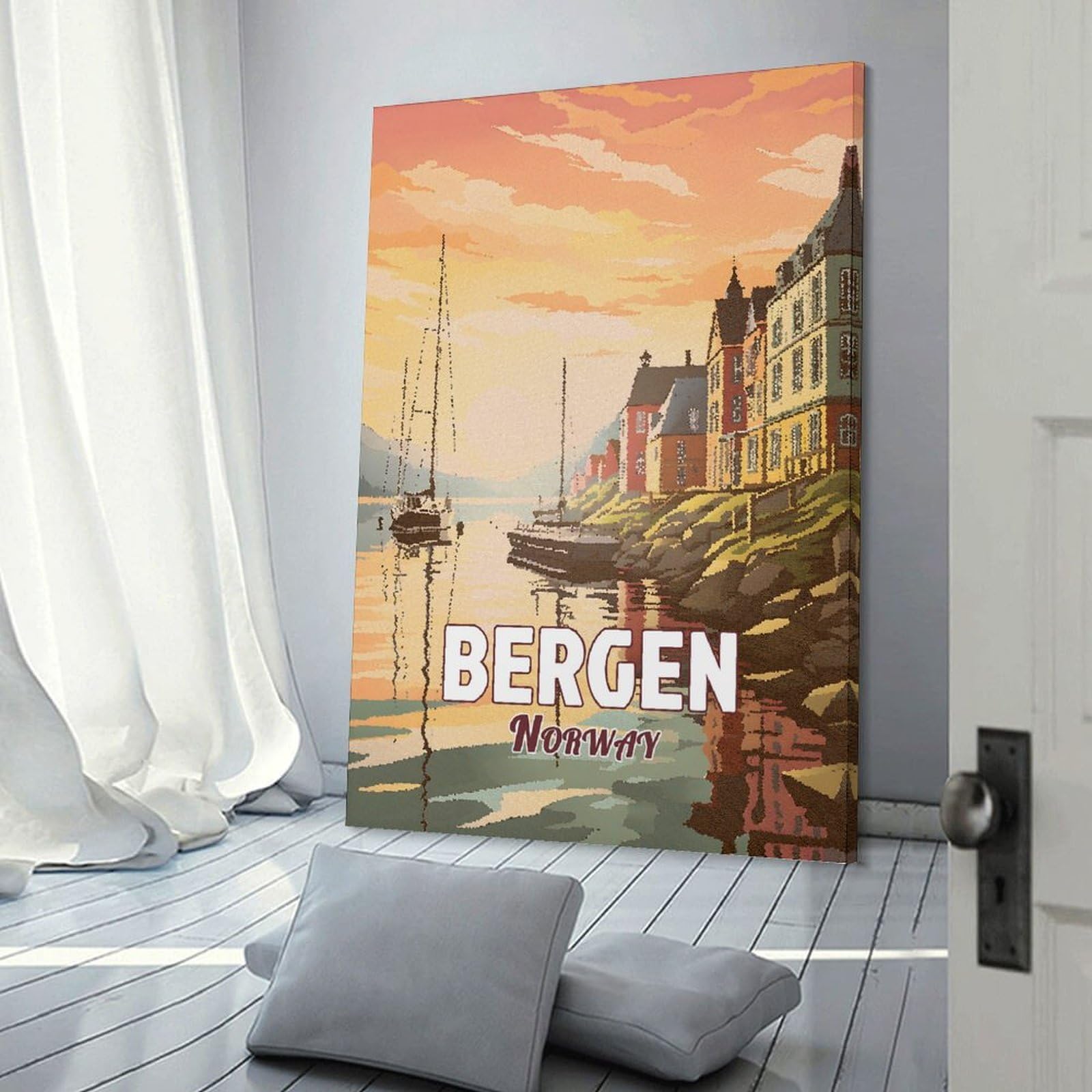 Junmoney Canvas Wall Picture Bergen Norway Mosaic, 24x36inch(60x90cm), for Restful Interiors, Bedrooms Or Small Rooms, Home Artwork with A Soft Interior Feel