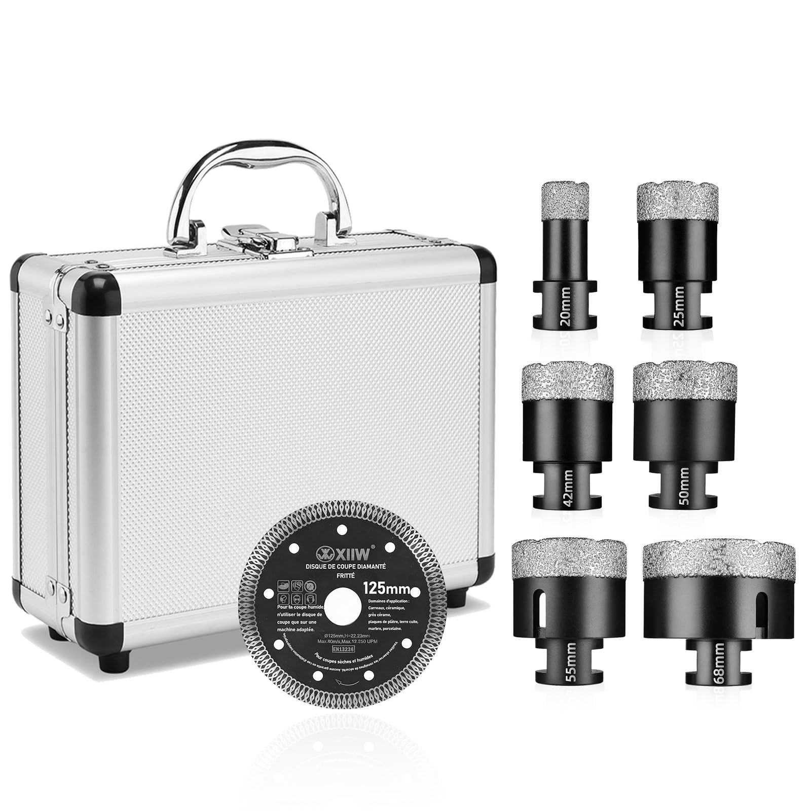 7-częściowy zestaw wierteł do płytek M14 x 15 mm, diamentowa koronka wiertnicza 20-68 mm + tarcza tnąca 125 mm, do szlifierek kątowych, otwornic, płytek, granitu, gresu, ceramiki, muru, korony