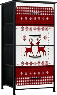 Dresser for Bedroom Red Reindeer Snowflakes Winter Plaid Border Small Tall Clothes Dresser for Closet Organizers with 4 Chest of Drawers Fabric Storage Bins Dressers