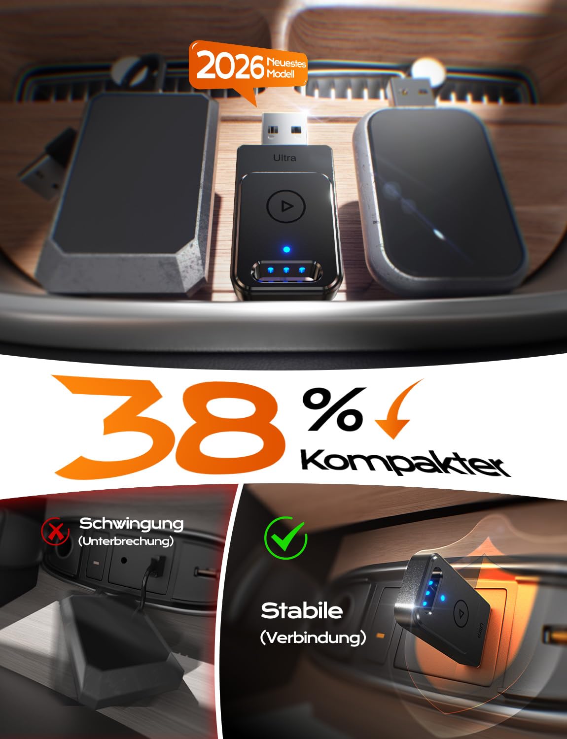für Apple Carplay Wireless Adapter, 3X Autoverbindung, Keine Latenz, Plug&Play, Wireless Carplay Adapter, 2026 Mini Car Play Kabellos Dongle für GPS-Geräte mit Navigation, USB A/C (Schwarz)