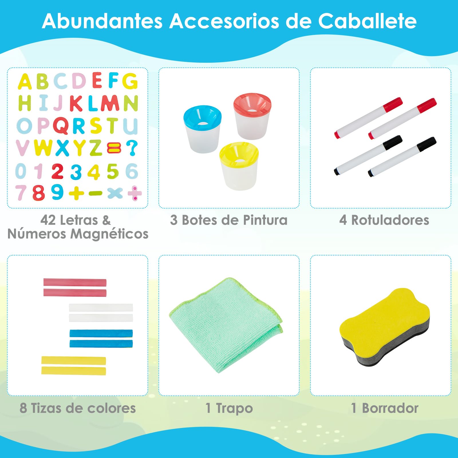 COSTWAY Caballete Infantil Ajustable en Altura, Caballete de Doble Lado con Pizarra de Tiza y Pizarra Blanca, Rollo de Papel, Imanes de Letras y Números, para Niños 3-8 Años (Azul)