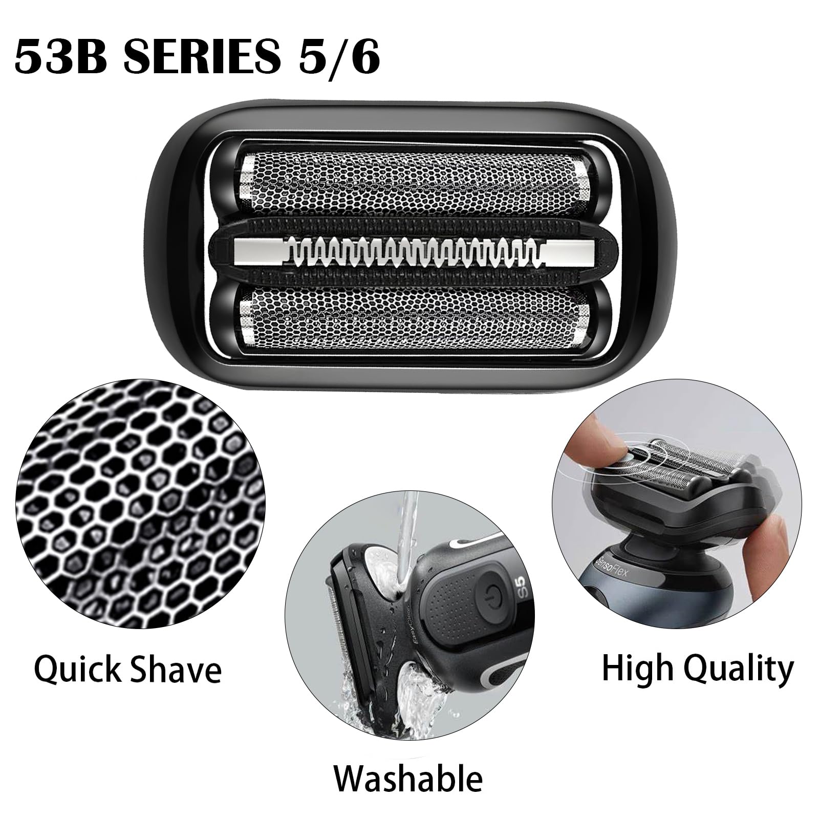 Elektrischer Rasierkopf für Braun S5/6 Scherkopf,53B Kompatibel Mit Braun Series 5 Scherkopf,Series 5 Elektrorasierkopf Ersatzteil geeignet，Ersatzklingen Folienkopf Zubehör für Rasierapparate (53B)