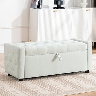48" Storage Ottoman Bench, Ottoman with Storage, Tufted End of Bed Bench | Hidden Storage, Linen, Button Tufted Upholstery, Safety Hinges, Entryway Bench, Window Bench for Living Room Bedroom