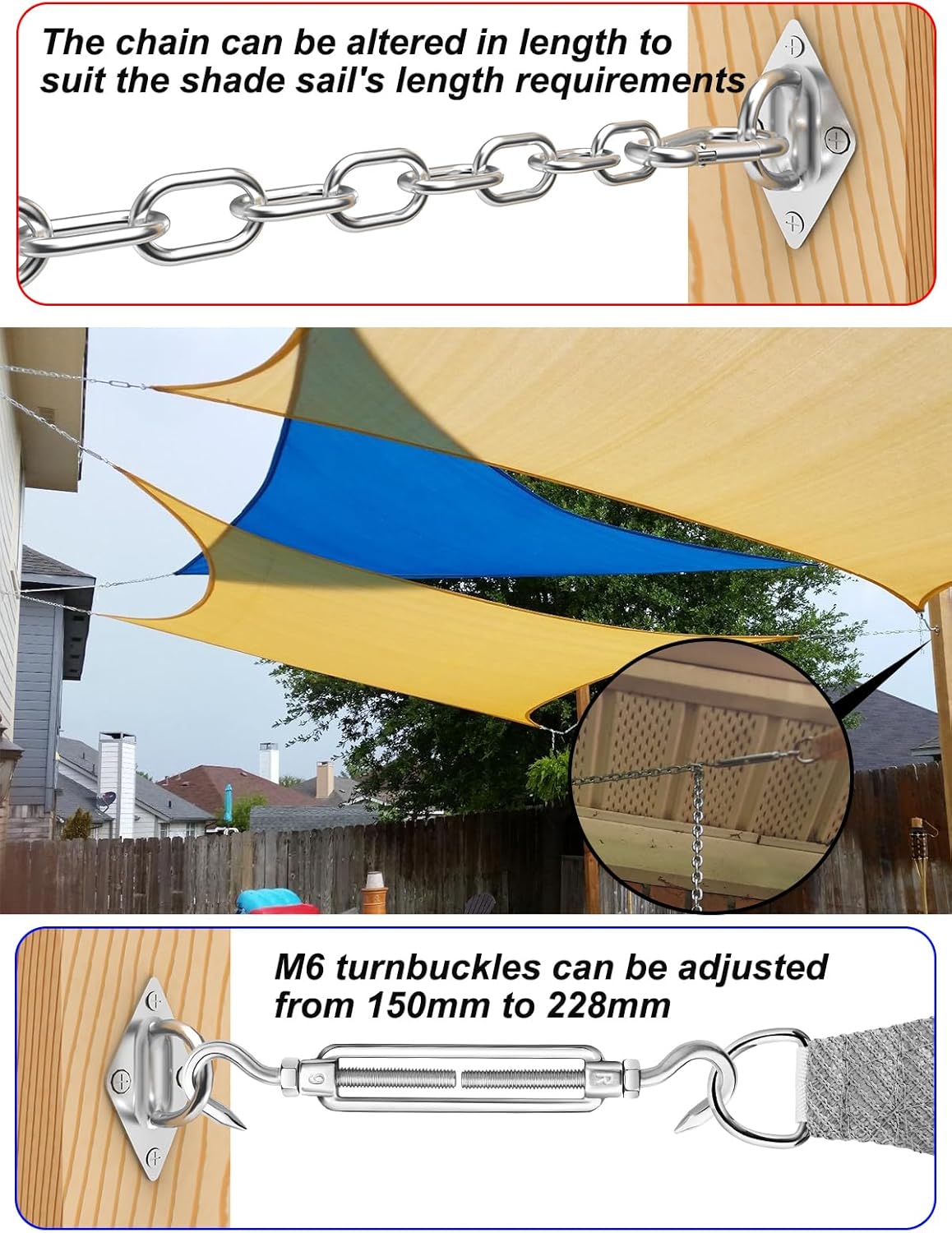 TooTaci Sun Shade Sail Hardware Kit Rectangle, with Stainless Steel Hanging Chains 1M× 4pcs, Marine Grade Shade Sail Hardware Kit 6 Inch with Chains for Outdoor, Pergola, Patio Canopys -54pcs