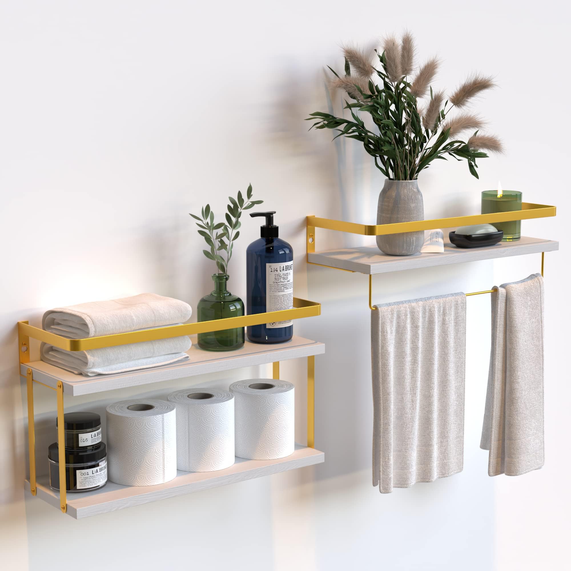 RICHER HOUSE 2+1 Tier Wall Mounted Floating Shelves Set of 2, Rustic Wood Wall Shelf with Metal Frame, Extra Storage Rack for Bathroom, Kitchen, Bedroom with Tissue Rack & Towel Bar - Gold White