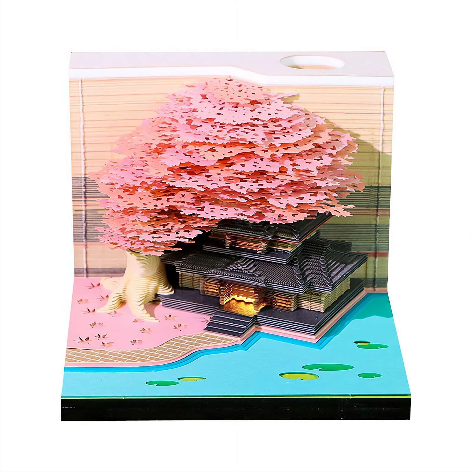3D Desk Calendar 2026, Time Piece Calendar 2026, Tear-Away 3D Cherry Blossom Treehouse Paper Art Notepad with Pen Holder, Paper Carving House Sculpture Gift for School Home Office
