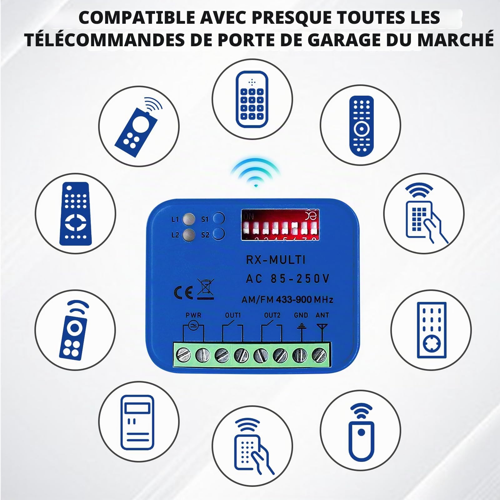 GOMETY Récepteur universel de porte de garage 85-250 V, fréquence 433-900 MHz, module relais de porte de garage, récepteur universel pour 45 télécommandes de porte de garage, connecteur WiFi 2,4 GHz