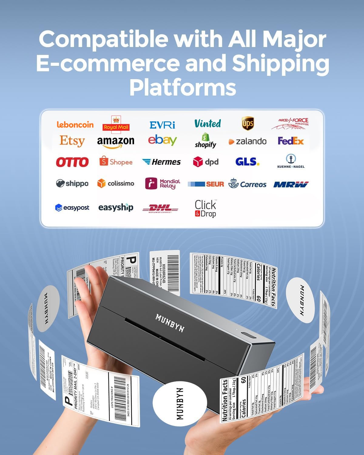 MUNBYN Bluetooth Etikettendrucker, Label Drucker 4x6, DHL Versandetiketten Drucker, Label Printer für Ebay, Etsy, Shopify, UPS, Bluetooth für iOS, Android, USB für Mac, Windows, Chromebook, 129, Grau