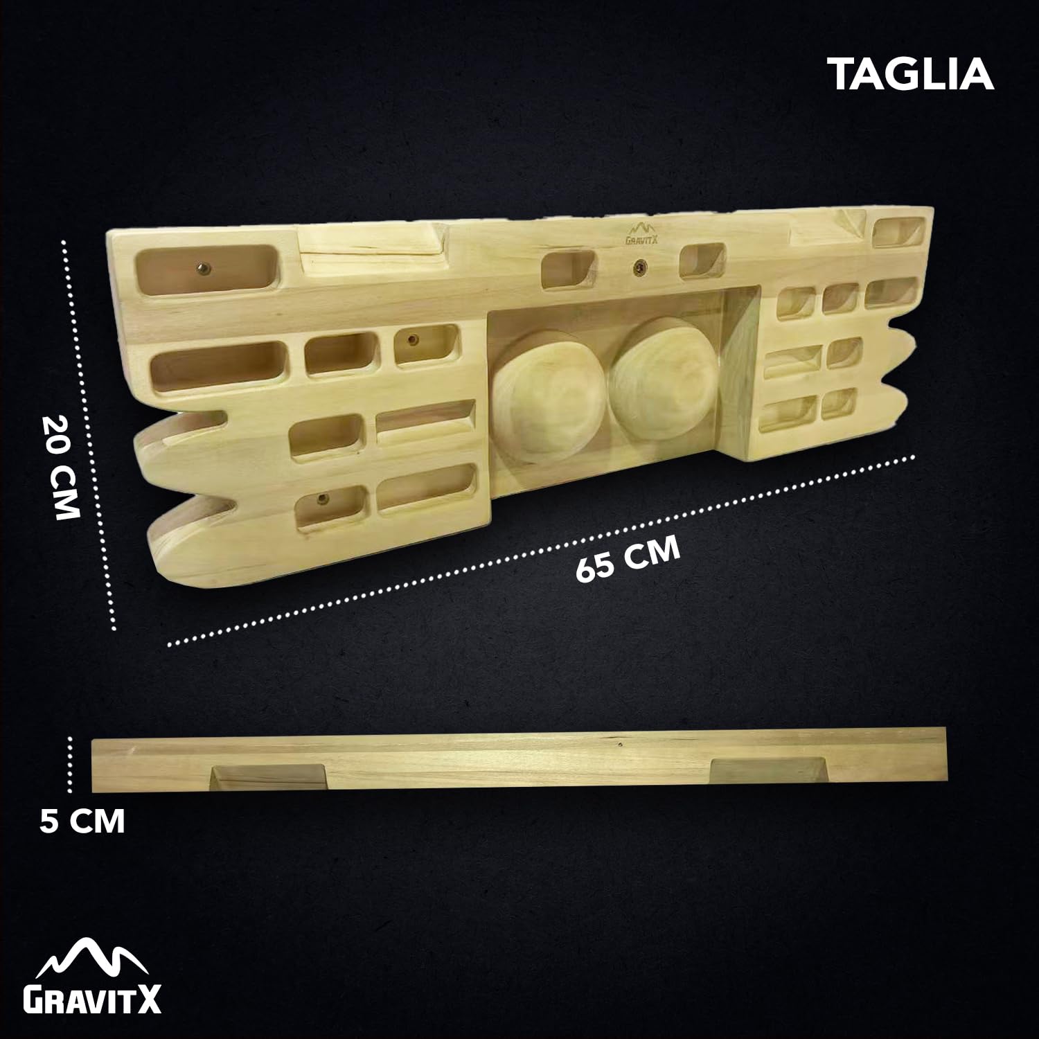 GravitX – Tavola da Arrampicata in Legno 65 cm – Fingerboard da Allenamento con Multiprese 18 a 45 mm – Montaggio a Muro con Gancio di Sicurezza e Piastre in Gomma