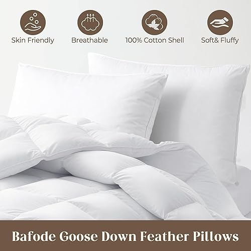 Miniatura 2 de Bafode Juego de 2 almohadas de plumas de ganso, almohadas de cama suaves tamaño King, 100% algodón suave, almohadas de hotel reforzadas para dormir
