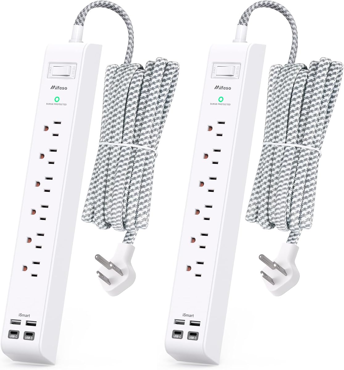 2 Pack Extension Cord 10FT Power Strips with Surge Protection | 6 Outlets 4 USB Charging Ports, Flat Plug, Overload Protection, Wall Mount for Home Office, Dorm Room Essentials