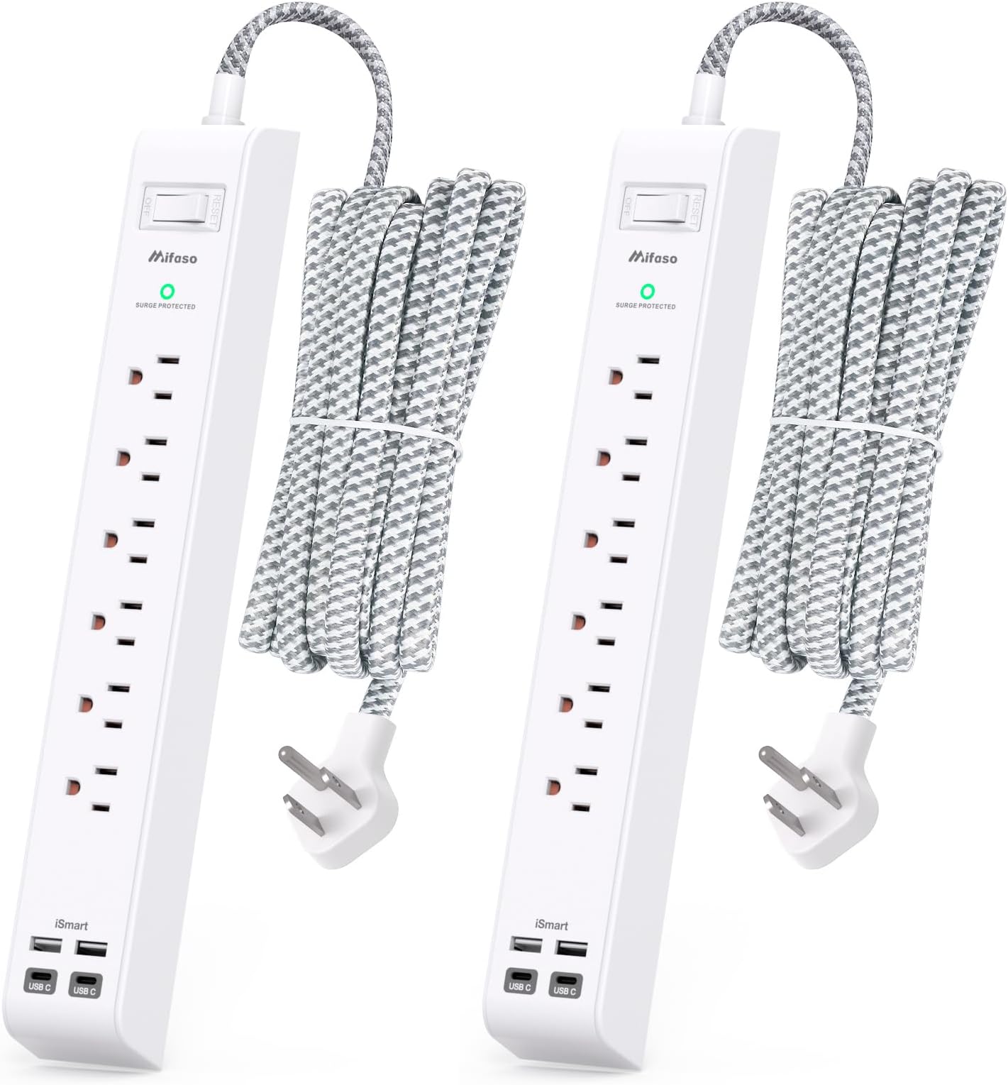 2 Pack Flat Power Strip Extension Cord, Surge Protector with 6 Outlets, 4 USB Charging Ports, 10ft Long Cord, Flat Plug, Protection Against